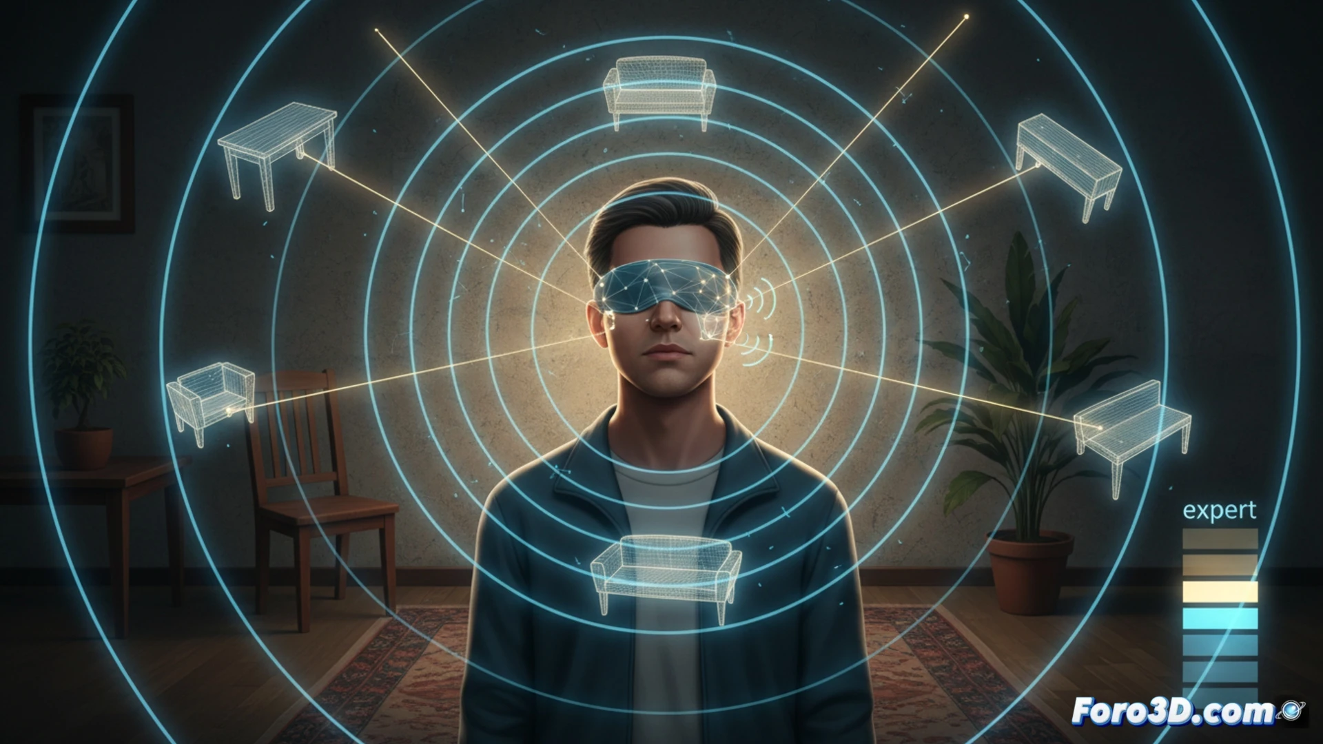 Una persona ciega emite chasquidos y su cerebro construye un mapa mental con los ecos acumulativos.