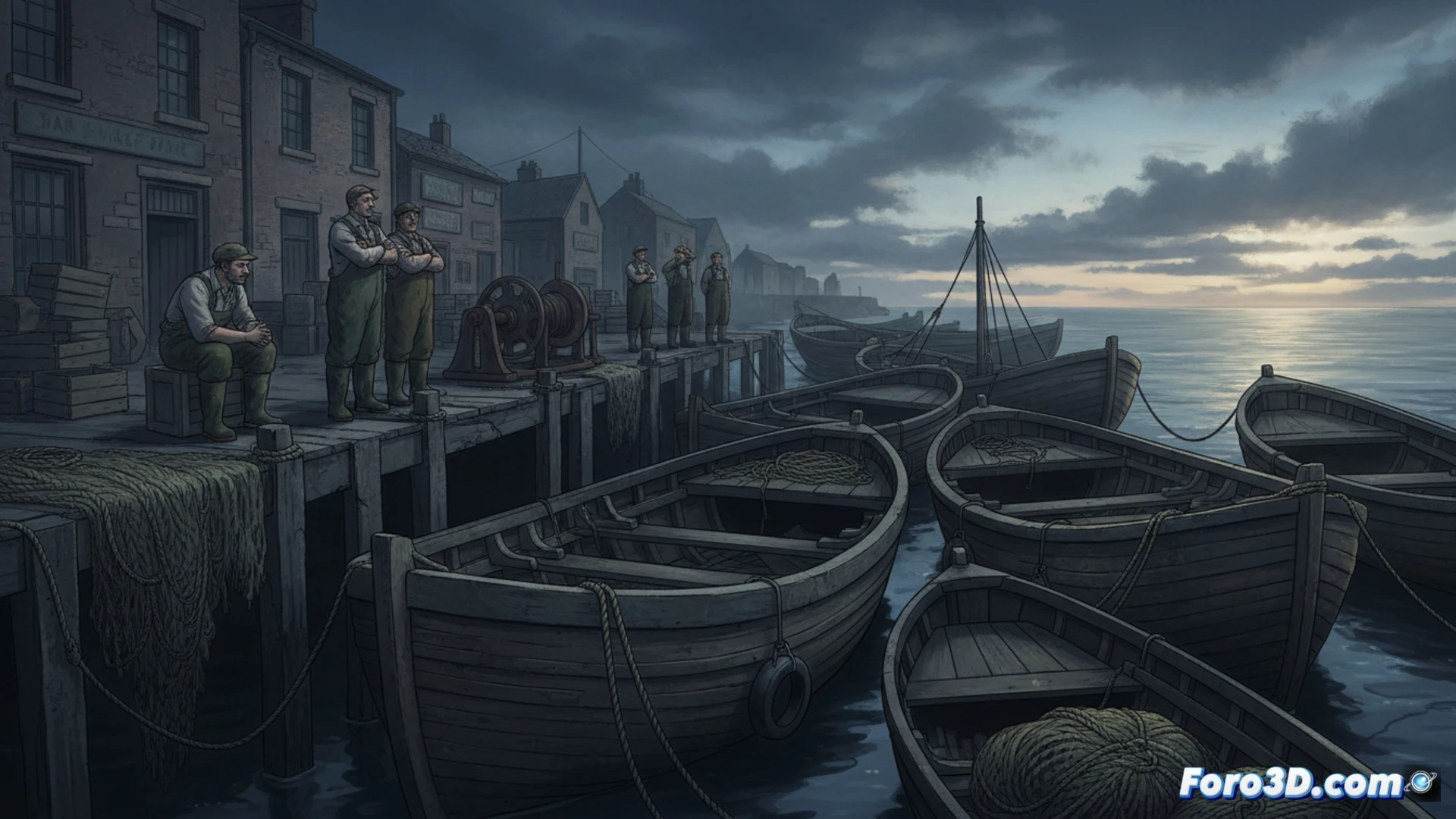 Un barco pesquero oxidado y abandonado en un muelle desolado, con redes vacías y el mar calmado al fondo.