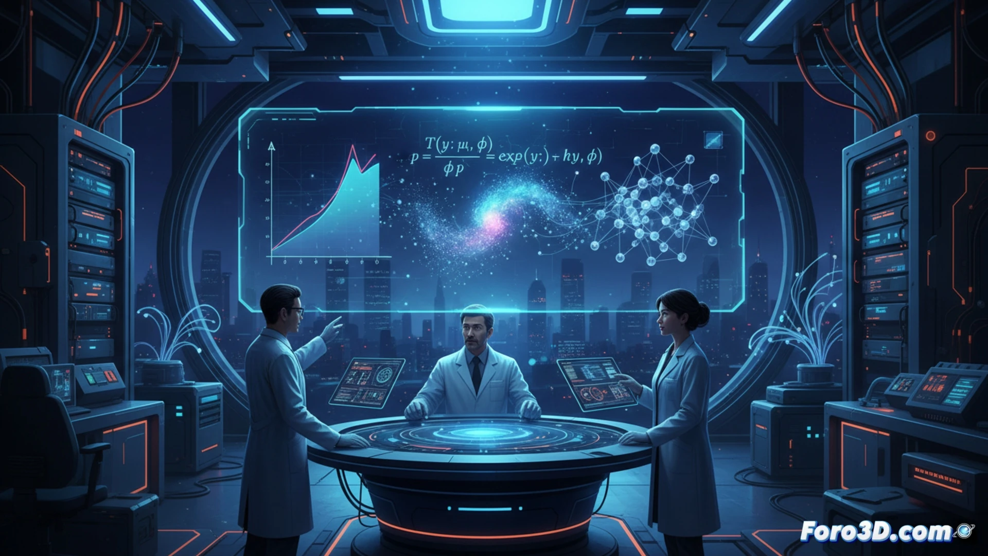 Representación 3D abstracta de una transición de fase cuántica modelada por la distribución estadística de Tweedie.