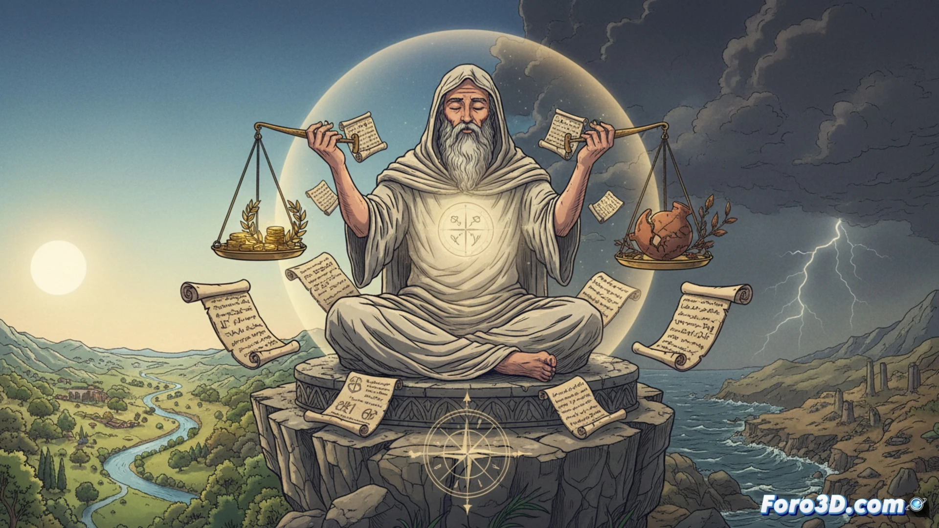 Un hombre sereno observa una tormenta desde la calma de su habitación, simbolizando el control interno frente al caos externo.