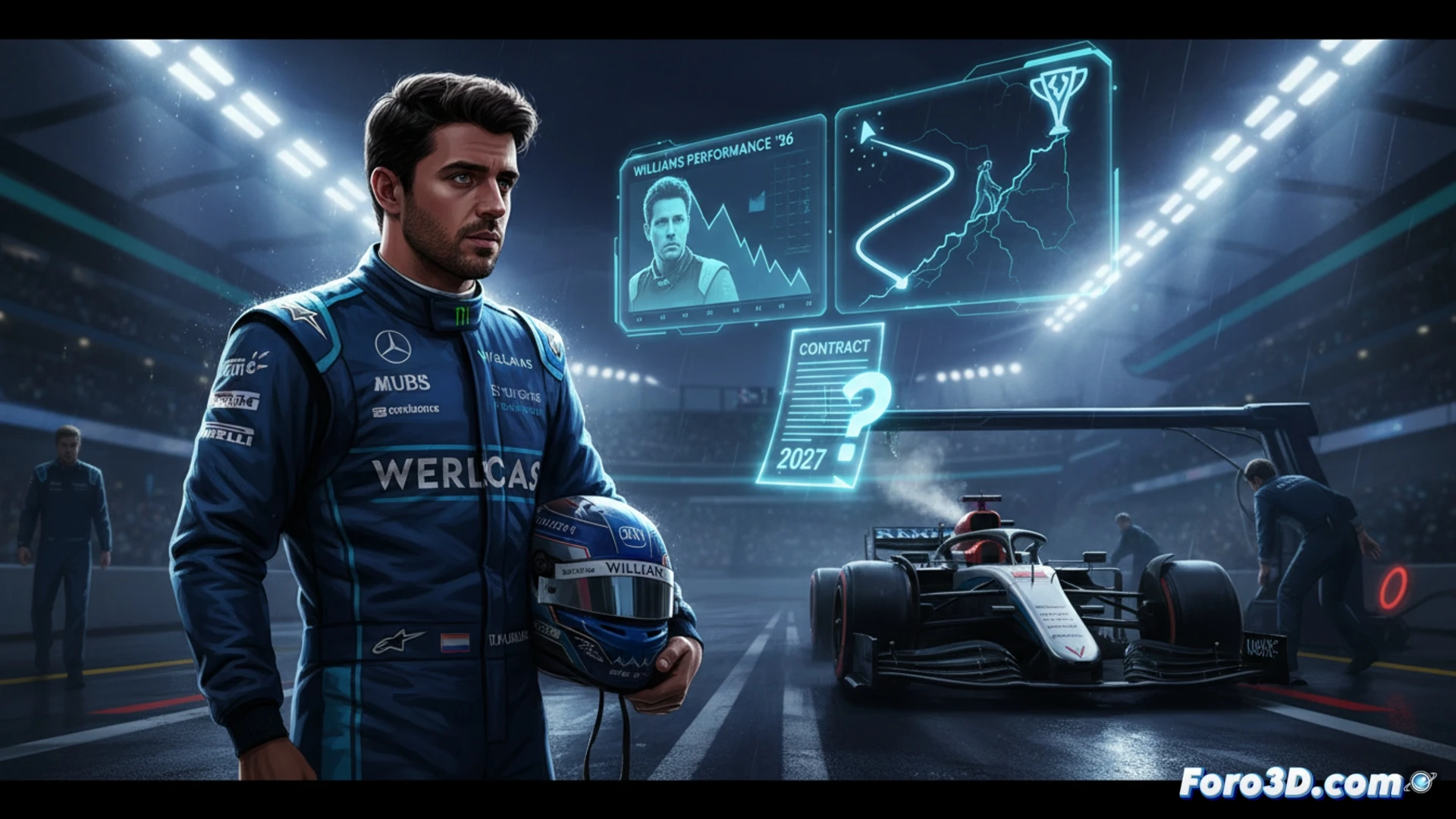 Carlos Sainz observa un Williams detenido en boxes, con un mapa de trayectorias de 2027 proyectado en la pared. Su rostro refleja una decisión crucial.