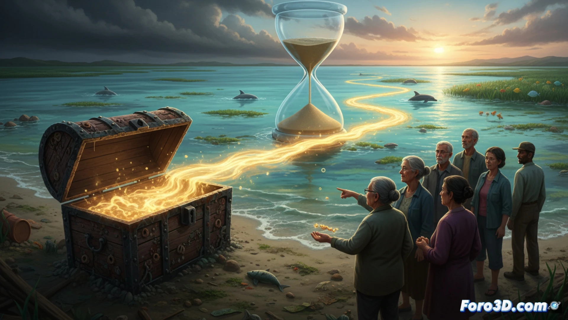 Una laguna costera con aguas turbias y vegetación muerta, mientras personas observan desde la orilla con rostros de preocupación y desconfianza.