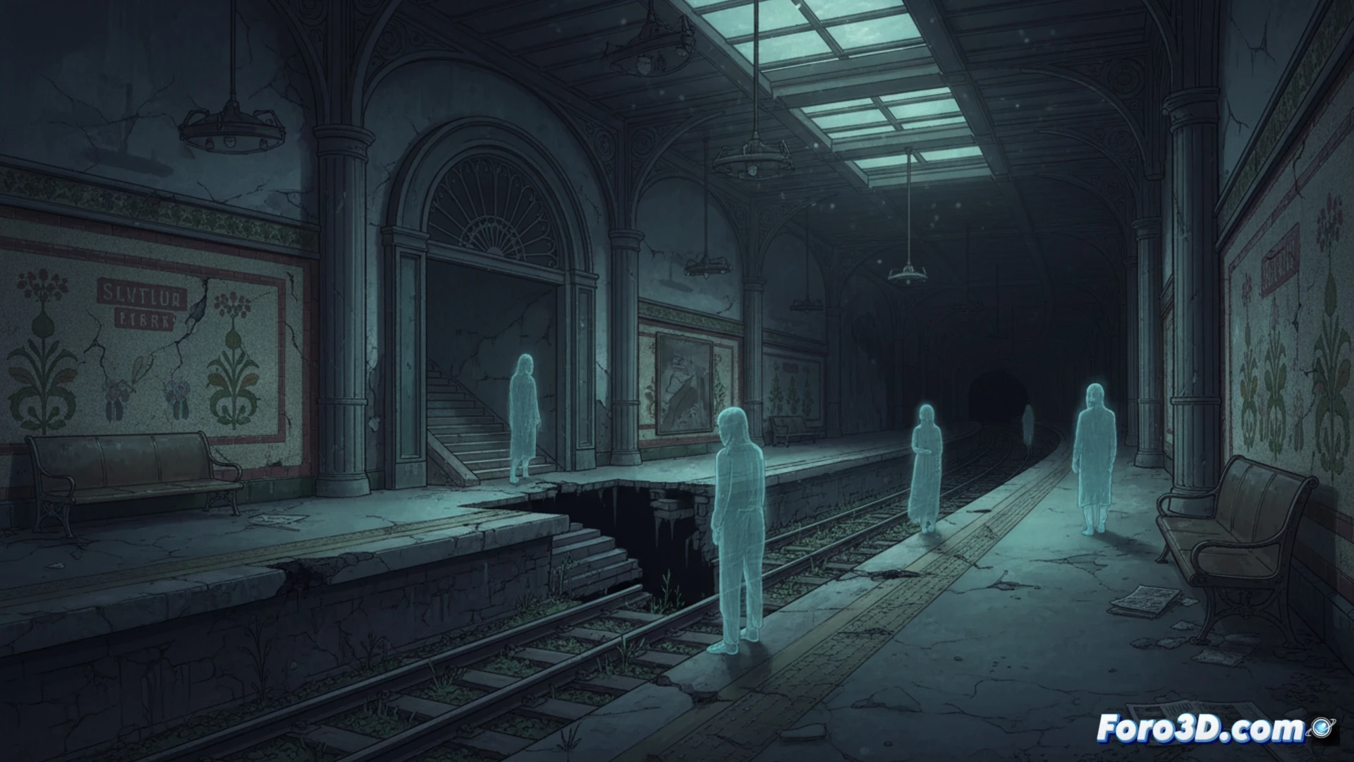 Una figura solitaria en un andén vacío de la estación de Rocafort, con túneles en penumbra que se pierden en la oscuridad.