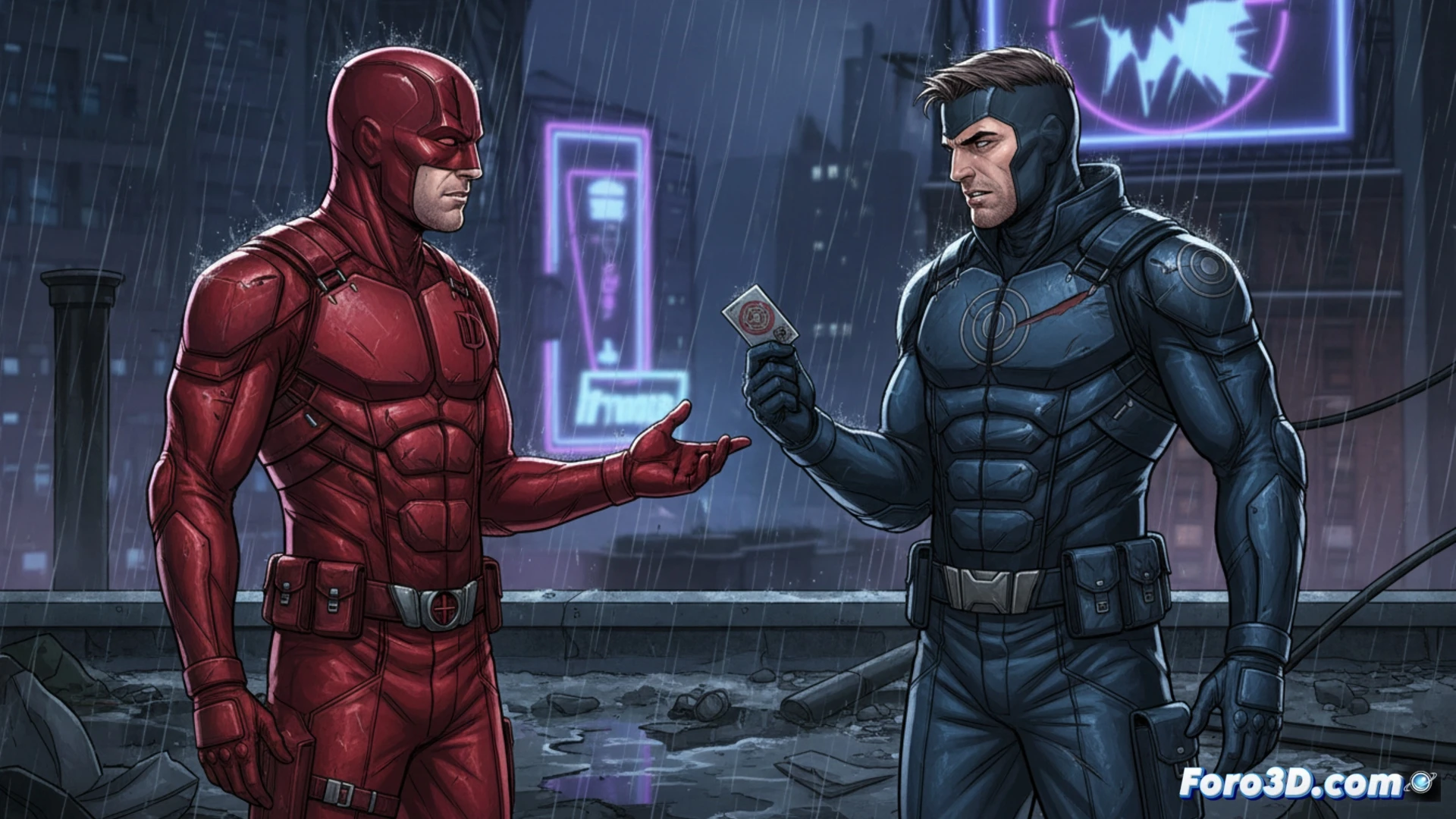 Un Bullseye reformado y Matt Murdock en tensa calma, reflejados en un cristal roto de Nueva York.
