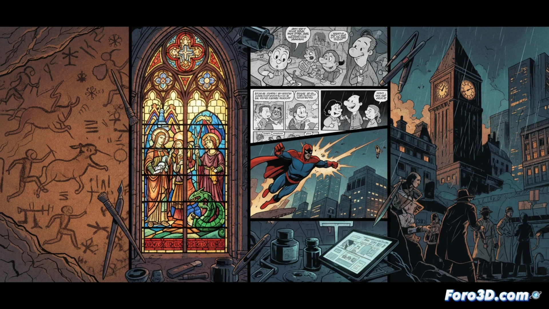 Una línea de tiempo visual desde pinturas rupestres hasta novelas gráficas modernas.