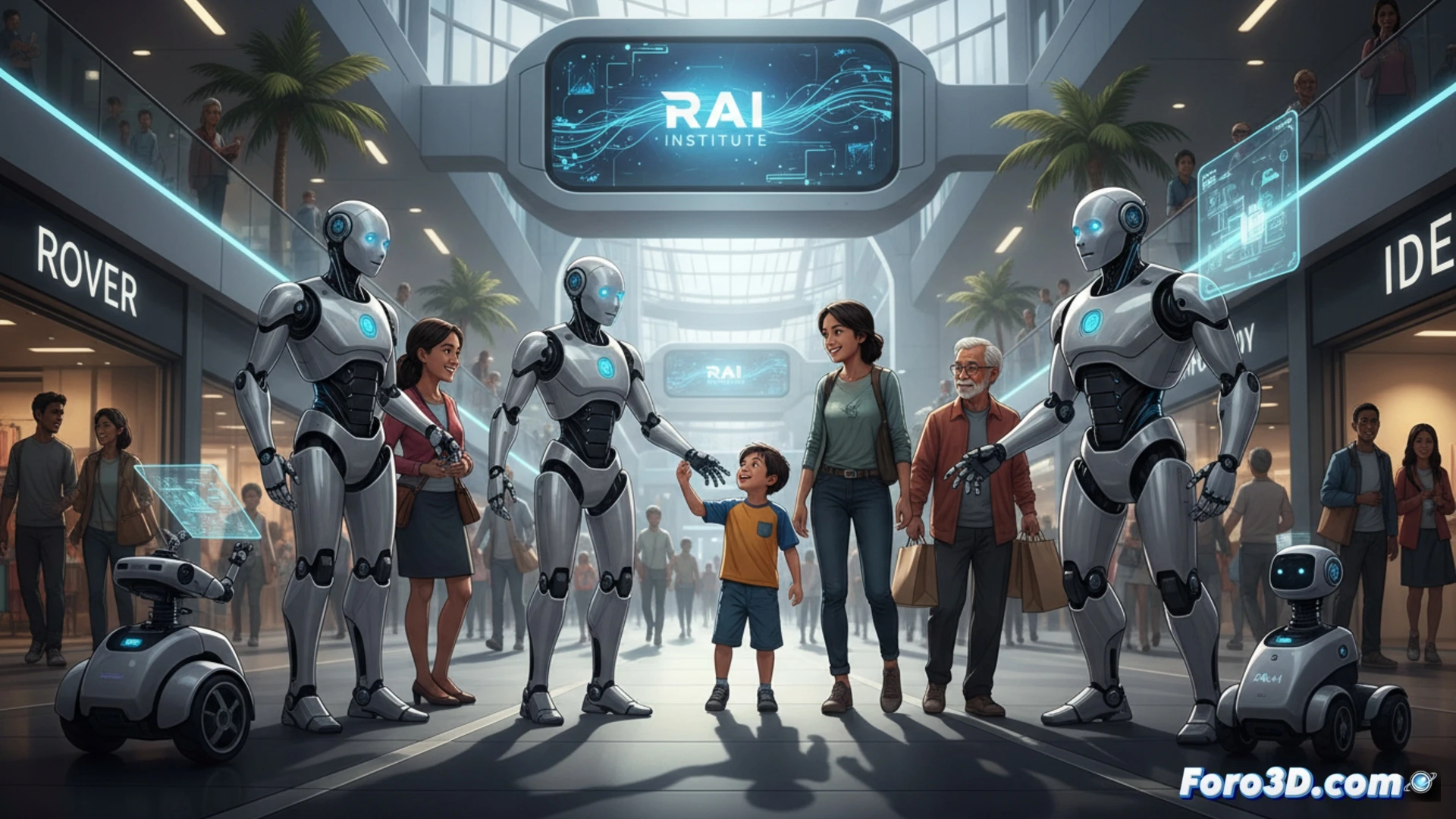 Persona interactuando con un robot de servicio en un entorno público, mostrando curiosidad y comodidad.