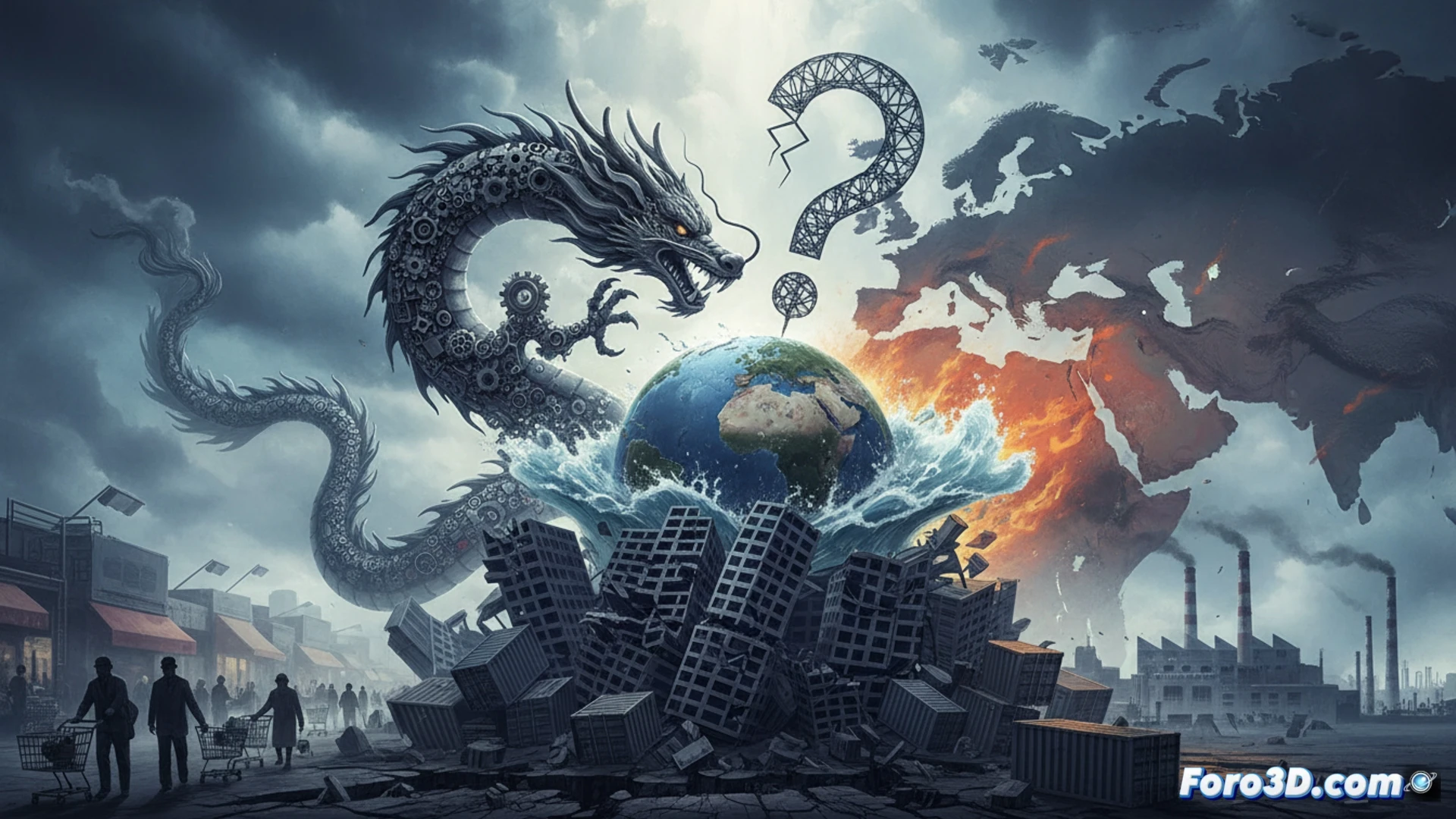 Un mapa mundial con rutas de suministro en rojo y una gran fabrica china rodeada de iconos de conflicto.