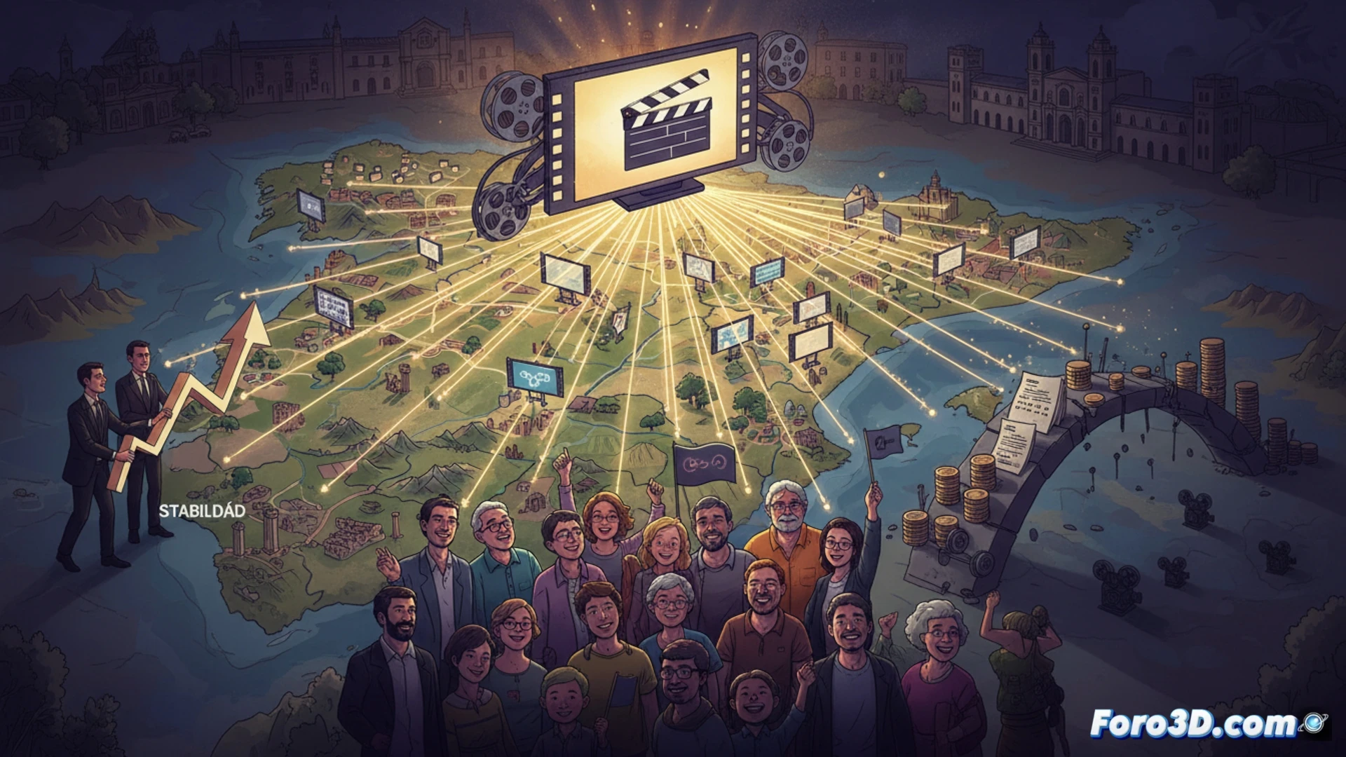 Una persona sostiene un megáfono frente a un mapa de España con iconos de festivales de cine en cada región.