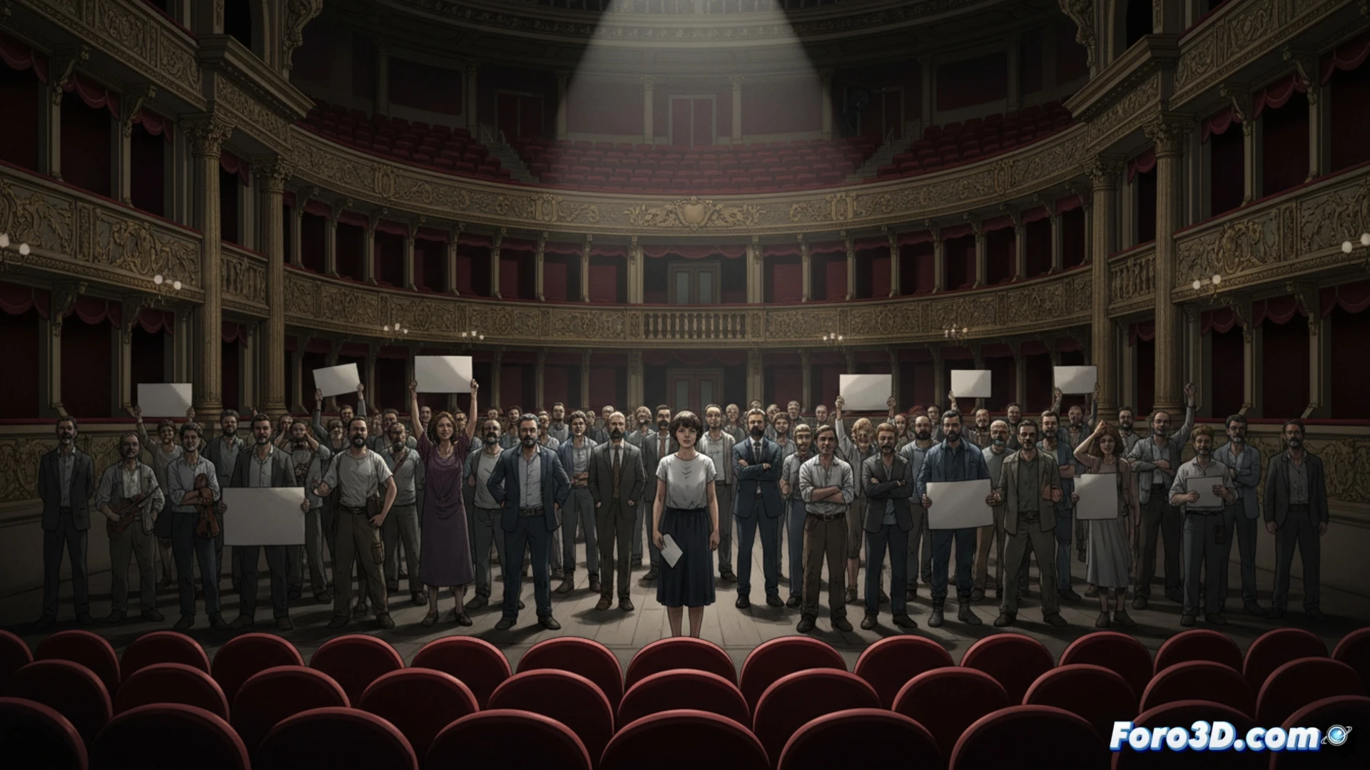 Una directora de orquesta con partitura en mano, de espaldas a un escenario vacío del teatro La Fenice, con sillas desordenadas y sombras de protesta.