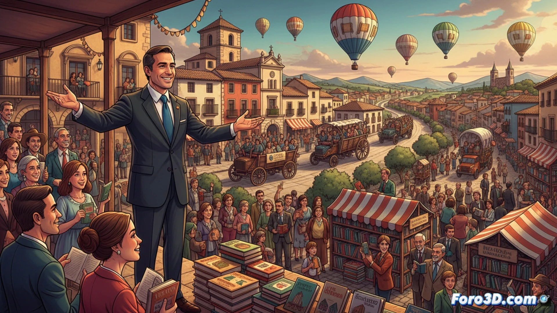 Un mapa de Granada con libros abiertos sobre cada municipio, rodeado de personas leyendo bajo un sol radiante.