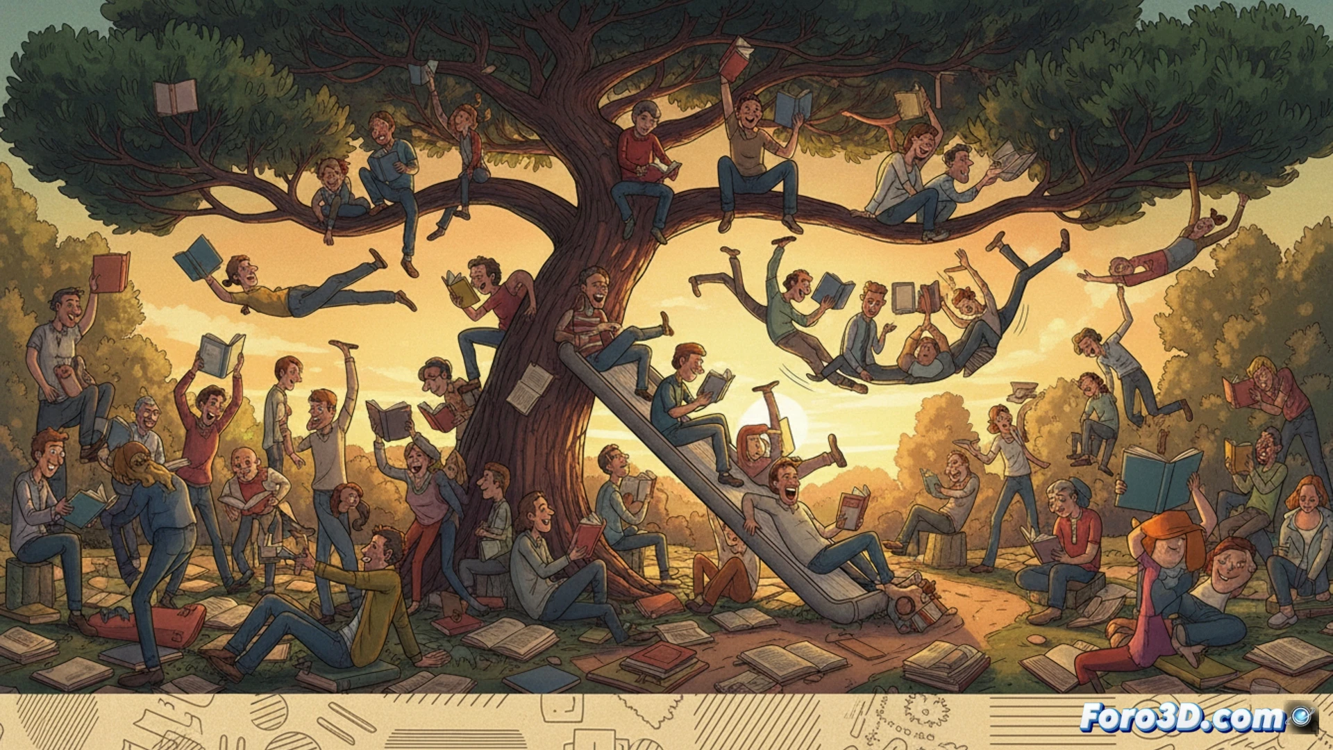 Cartel de la feria: figuras leyendo en posturas absurdas alrededor de un pino en El Retiro.