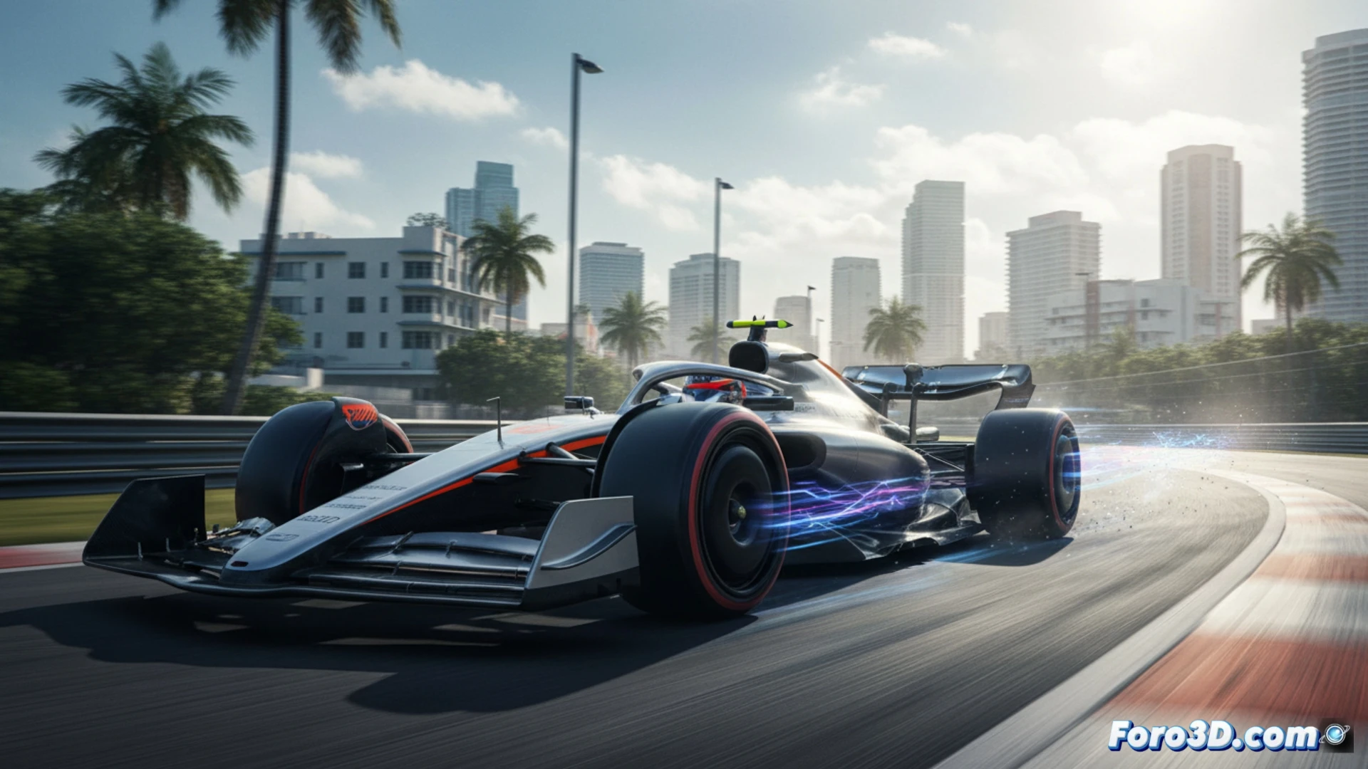 Un monoplaza de F1 en la recta de Miami, con un gráfico superpuesto mostrando una curva de potencia recortada.