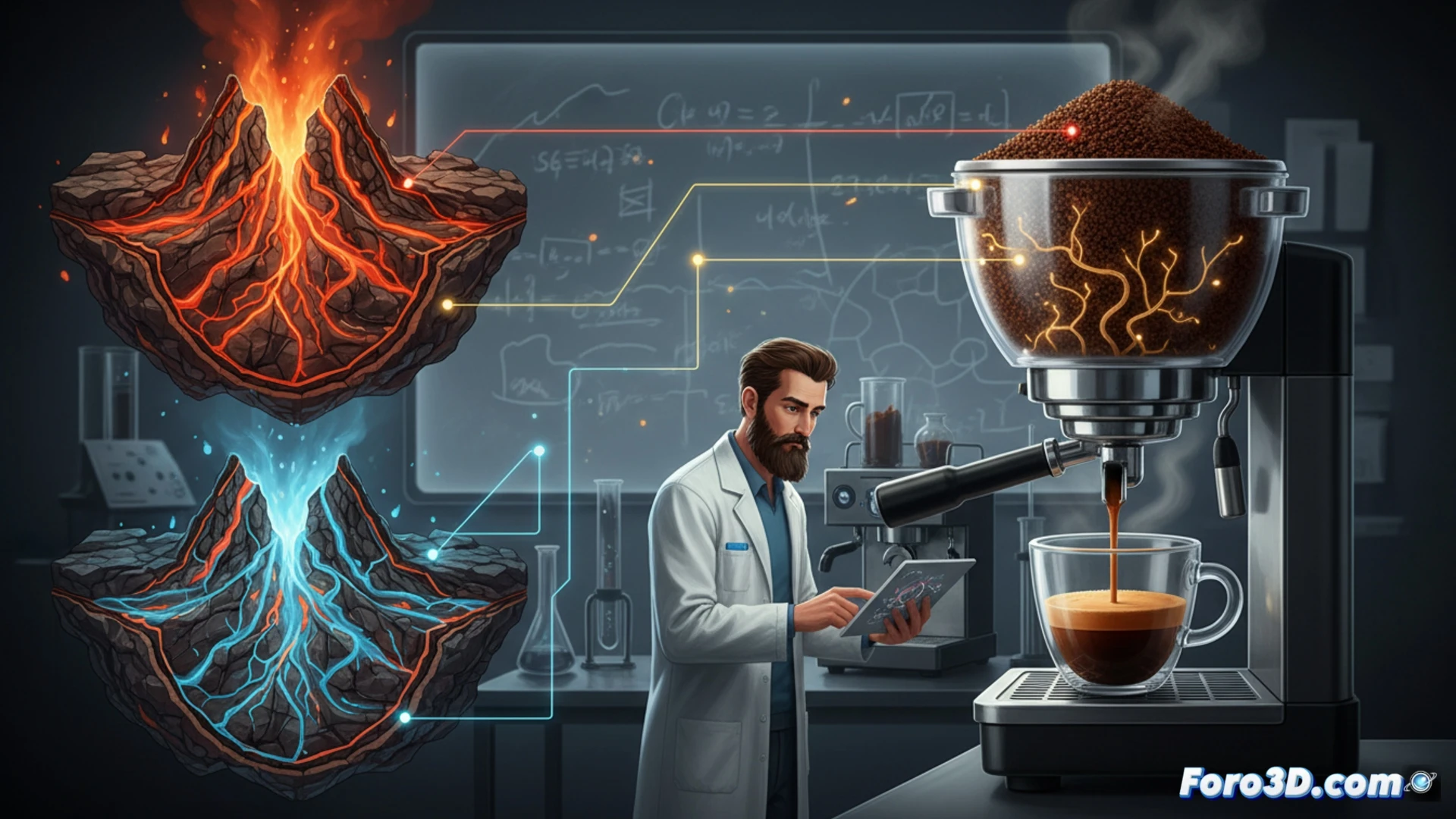 Una taza de espresso perfecto junto a un diagrama que compara la erupción de un volcán con el flujo del café, con burbujas y partículas similares.