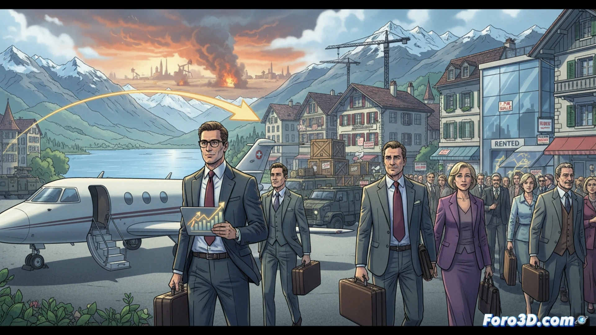 Una imagen que contrasta rascacielos árabes con los tranquilos Alpes suizos, mostrando el flujo de capital hacia Zug.