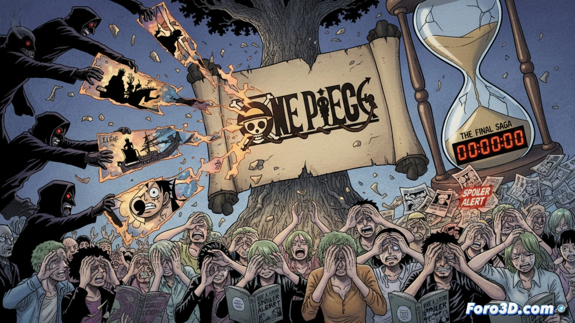 Imu sombrío observa un pergamino roto del que escapan spoilers como sombras.