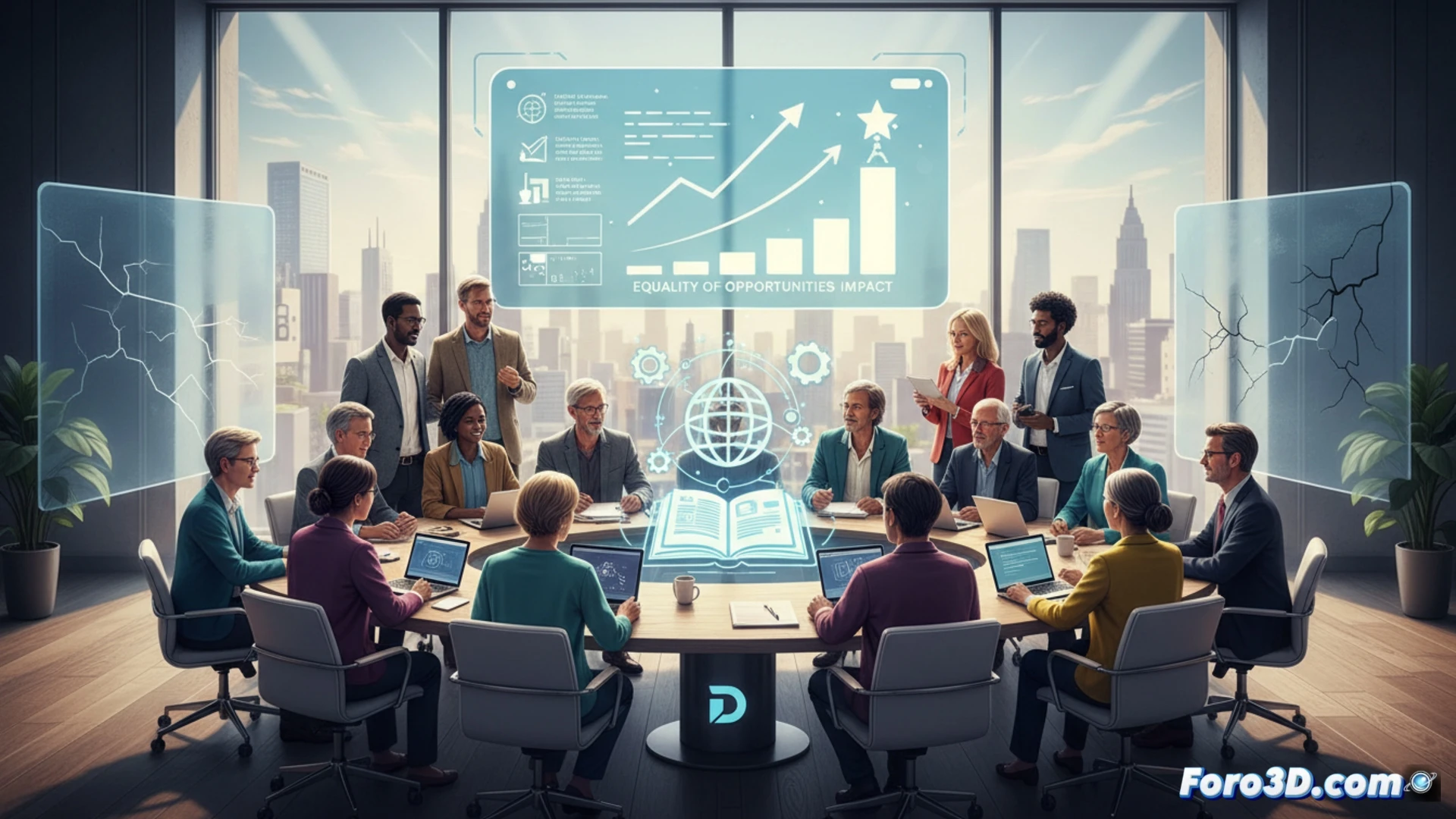 Una mujer sostiene un documento titulado 'Estándar Europeo de Inclusión' frente a un mapa de la UE con iconos de diversidad.