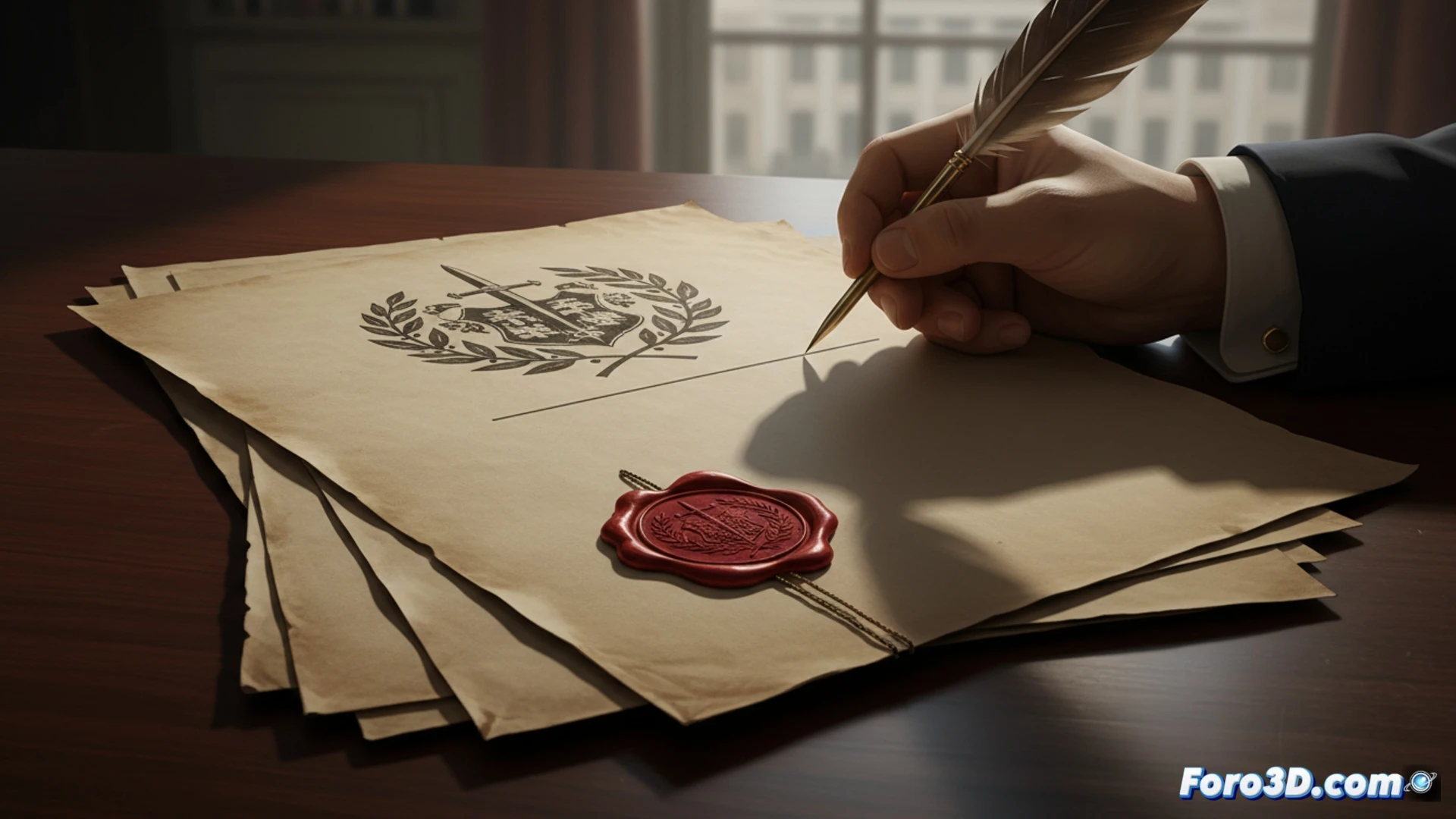 Un hombre revisa documentos legales sobre la disolución de una fundación, con un sello oficial y una carta de notificación en primer plano.