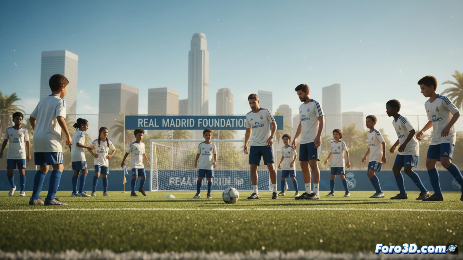 Jovenes futbolistas entrenan al aire libre con el escudo del Real Madrid, bajo el sol, con entusiasmo y trabajo en equipo.