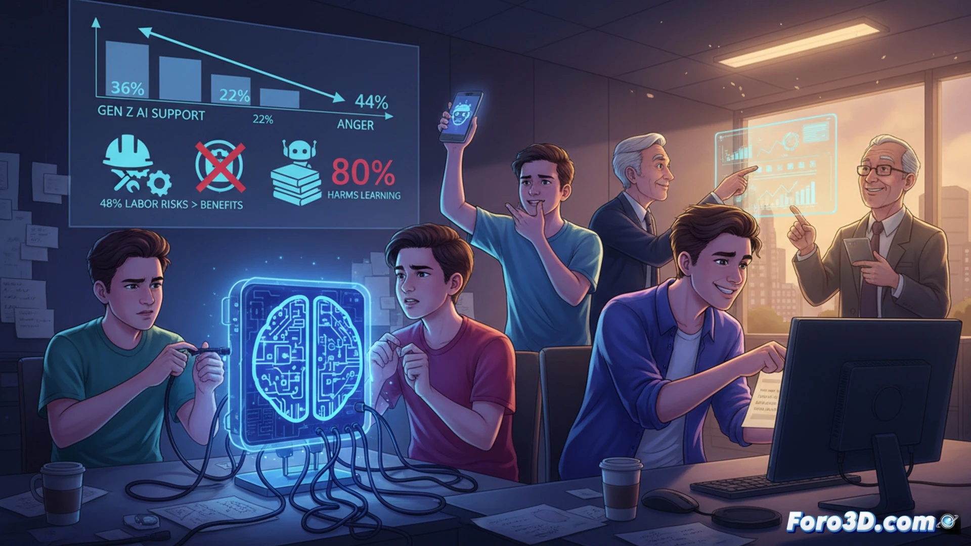 Joven de la Generación Z bloqueando simbólicamente el avance de una inteligencia artificial en un entorno de oficina.