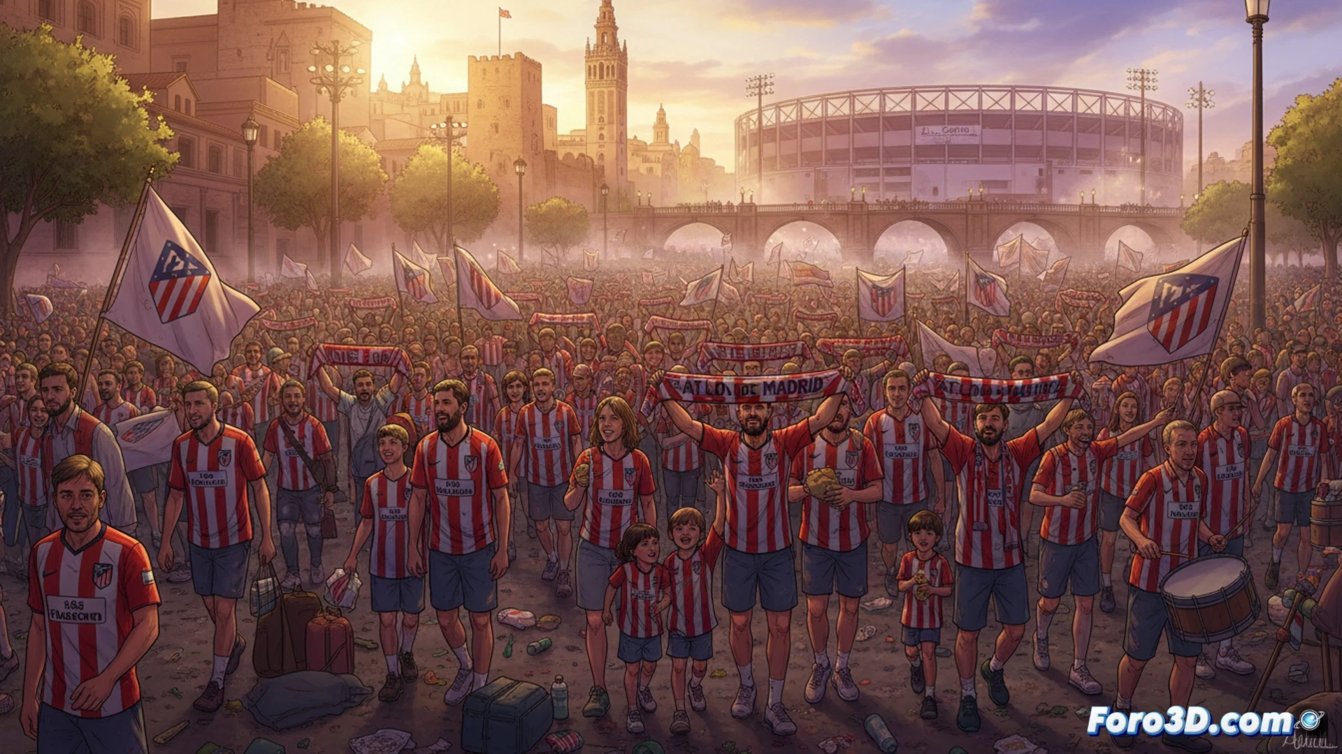 Una marea rojiblanca inunda las gradas de La Cartuja, con banderas y cánticos apoyando al Atlético de Madrid.