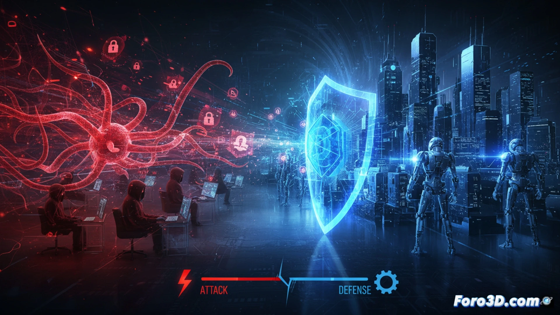 Una mano robótica oscura hackea un escudo digital, con líneas de código amenazantes acelerando hacia él.