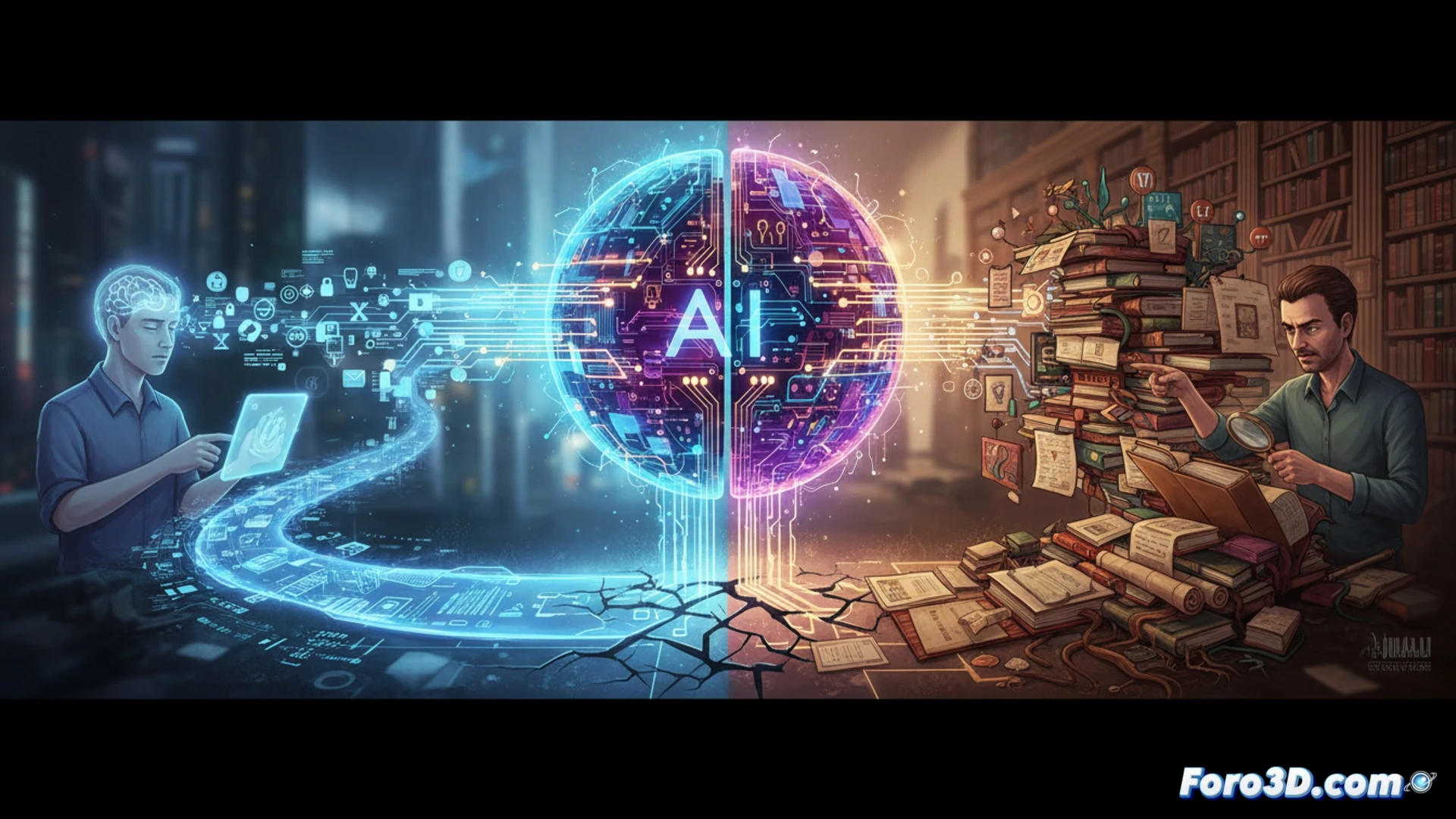 Un usuario recibe una respuesta instantánea de una IA, mientras un libro y una lupa quedan en desuso en segundo plano.