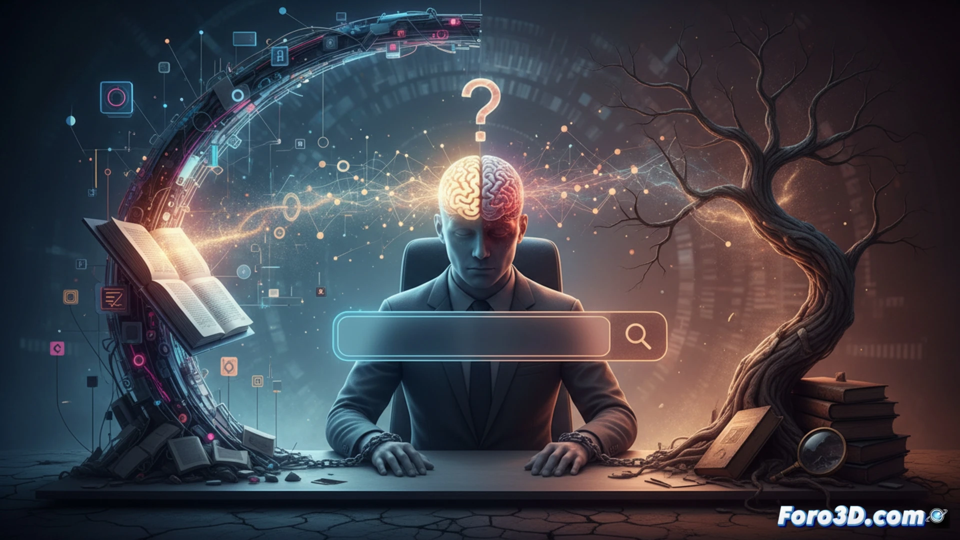 Una mano humana sostiene un cerebro que se deshace en píxeles frente a una pantalla con un chatbot.