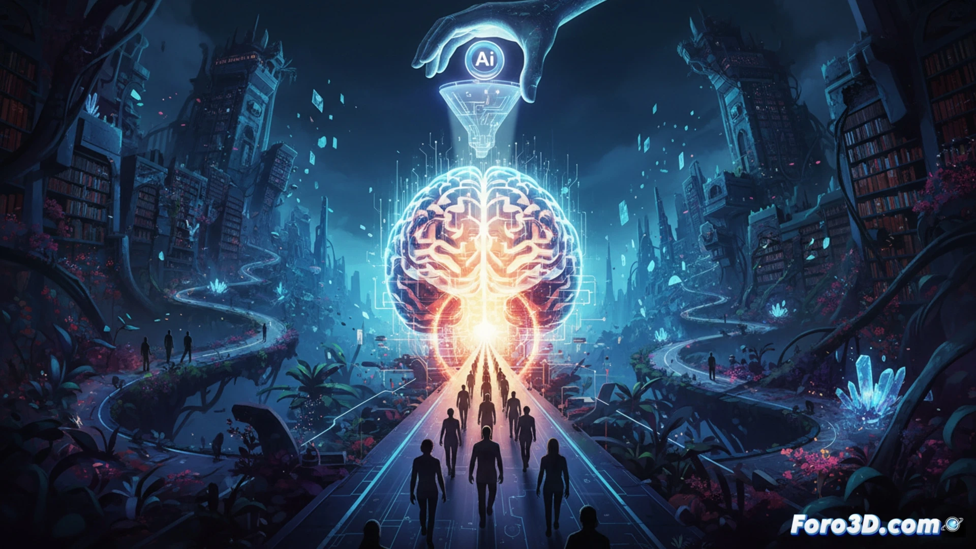 Una persona frente a una pantalla con un único haz de luz, rodeada de libros cerrados y caminos oscuros.