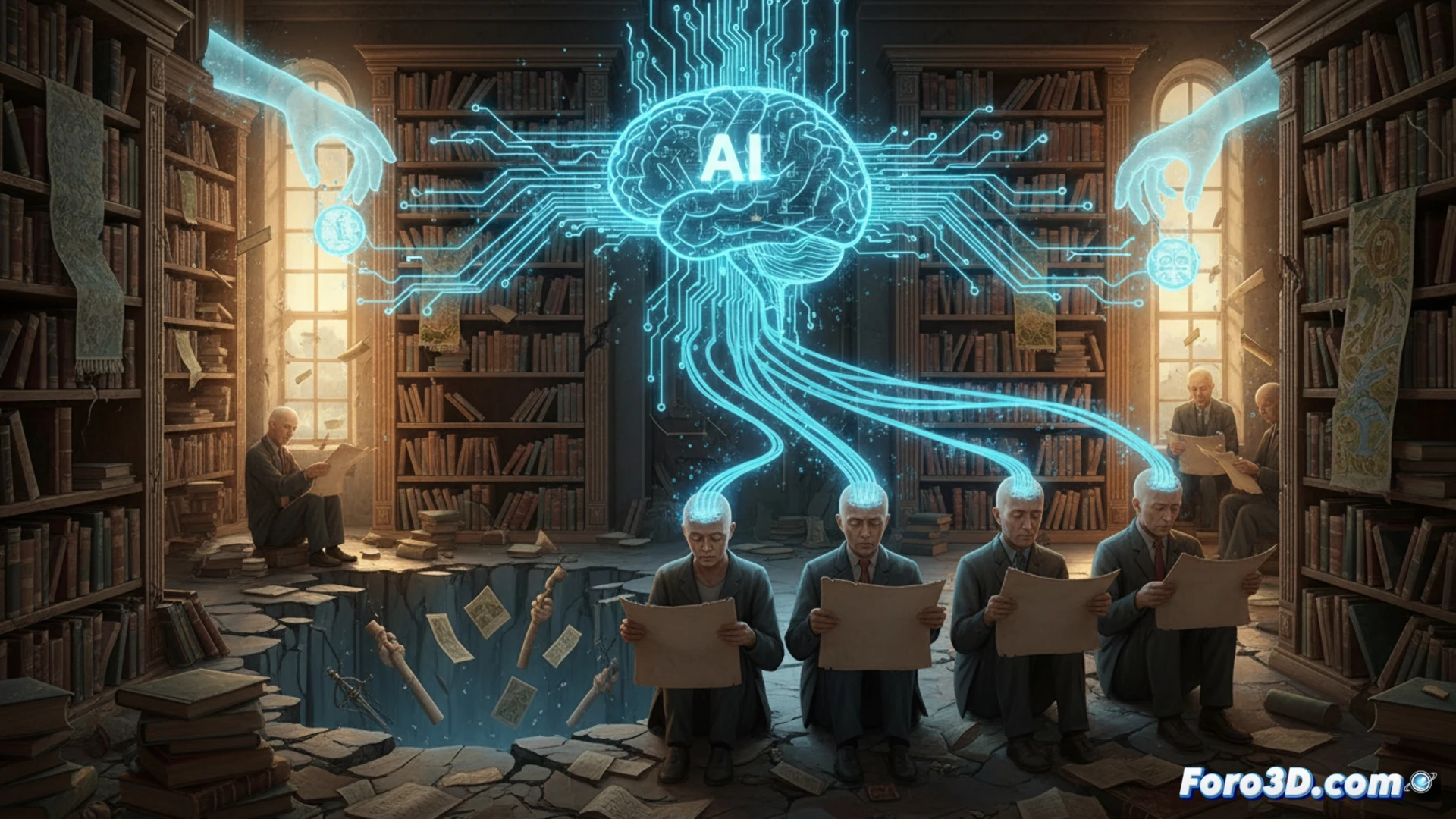 Una persona con un cerebro atrofiado frente a una gran lupa, mientras un asistente de IA brilla en primer plano.