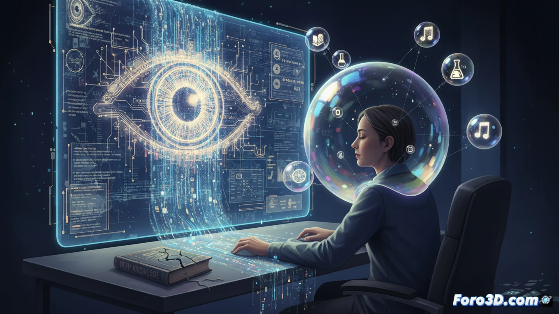 Una persona frente a una pantalla con texto de IA, con una expresión de falsa comprensión.