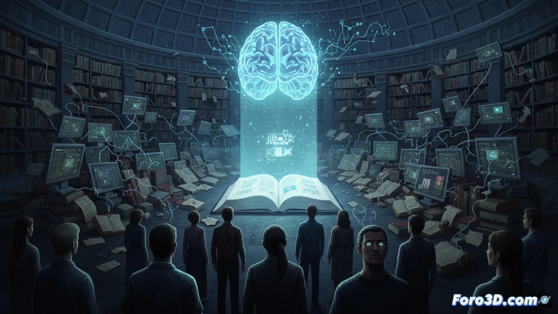 Una persona mira fijamente una pantalla con una respuesta única de IA, mientras múltiples fuentes de información se desvanecen a su alrededor.