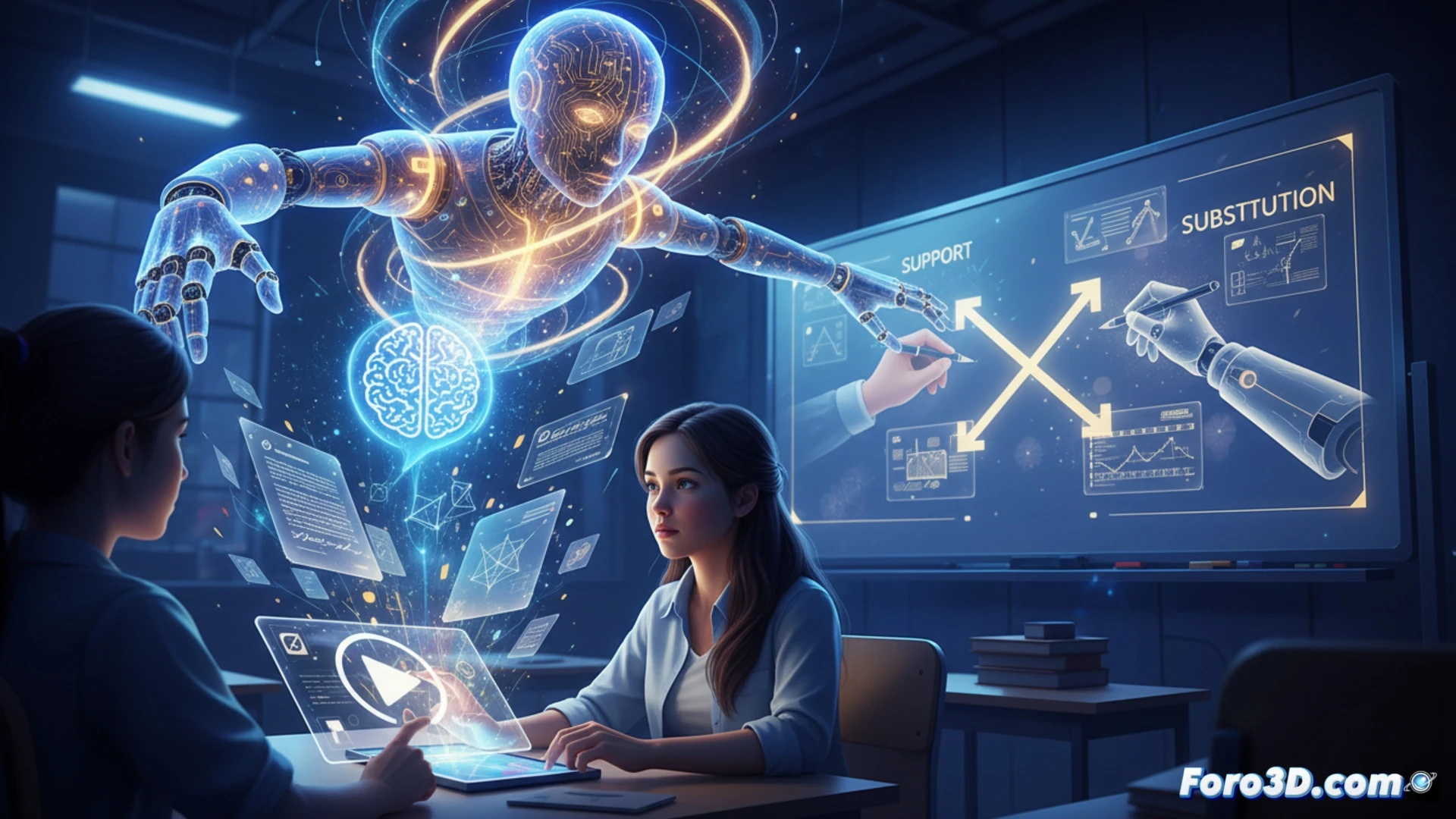 Un estudiante frente a una pantalla con un asistente de IA completando automáticamente un ensayo académico.