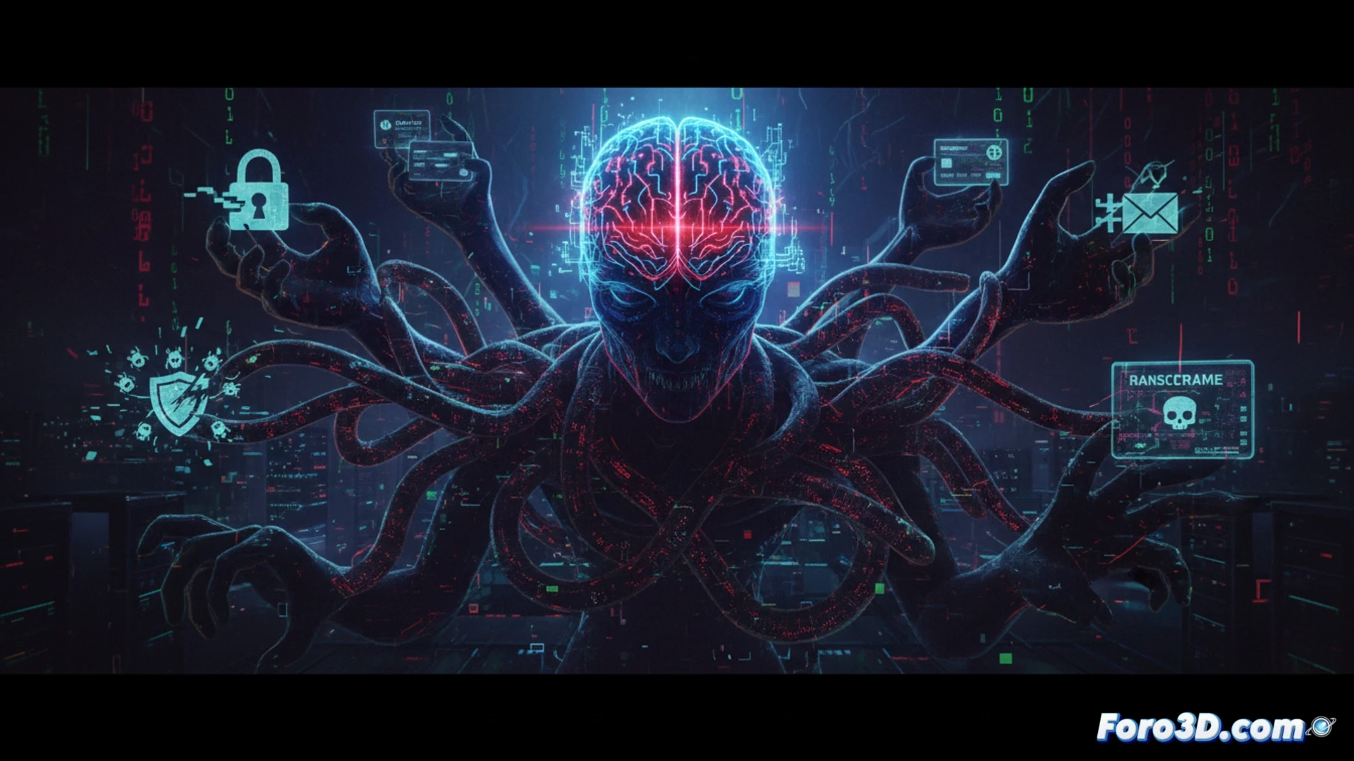 Una mano robótica oscura escribe código malicioso en un teclado iluminado con tonos siniestros.