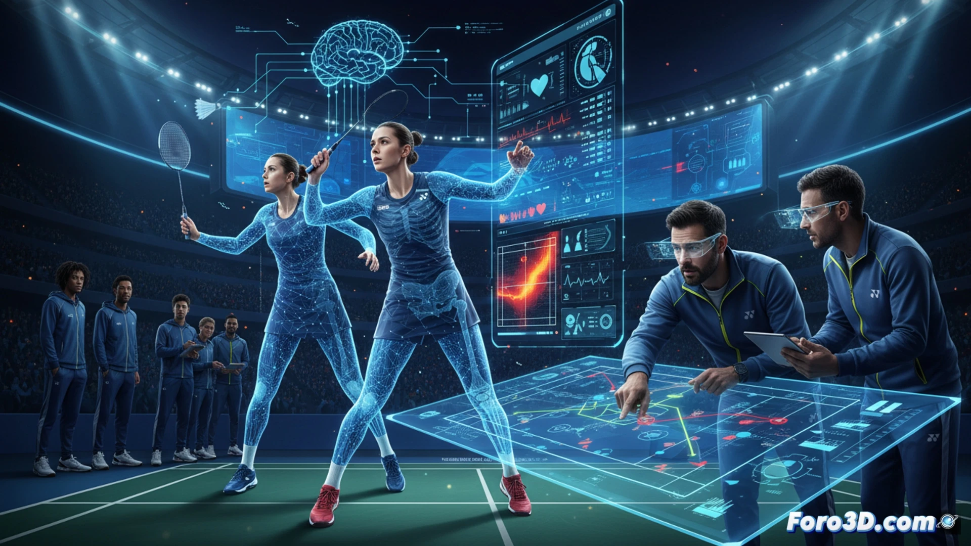 Un entrenador analiza datos en una tablet mientras observa un gemelo digital 3D de un futbolista, con gráficos de rendimiento superpuestos.