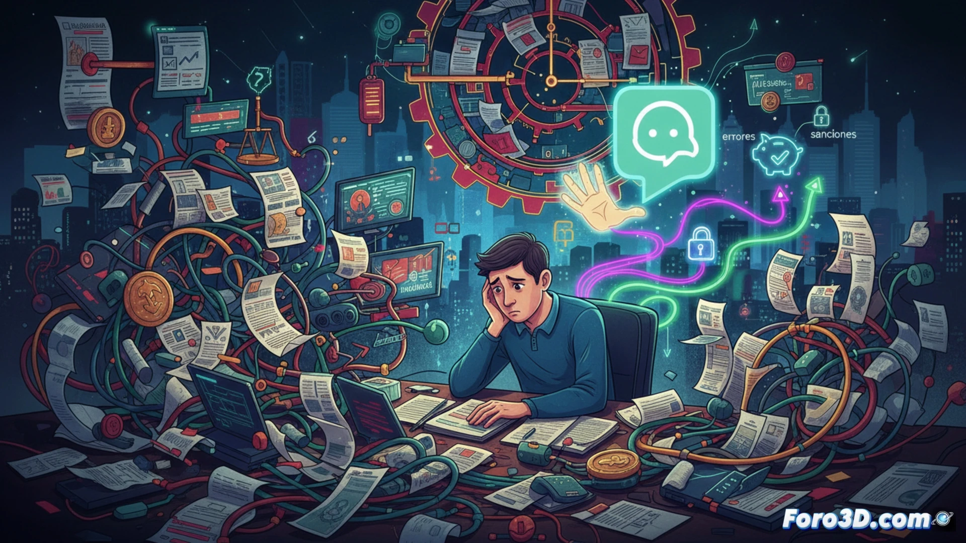 Una persona frustrada ante un formulario fiscal, con un chat de IA de fondo bloqueado por un símbolo de prohibición.