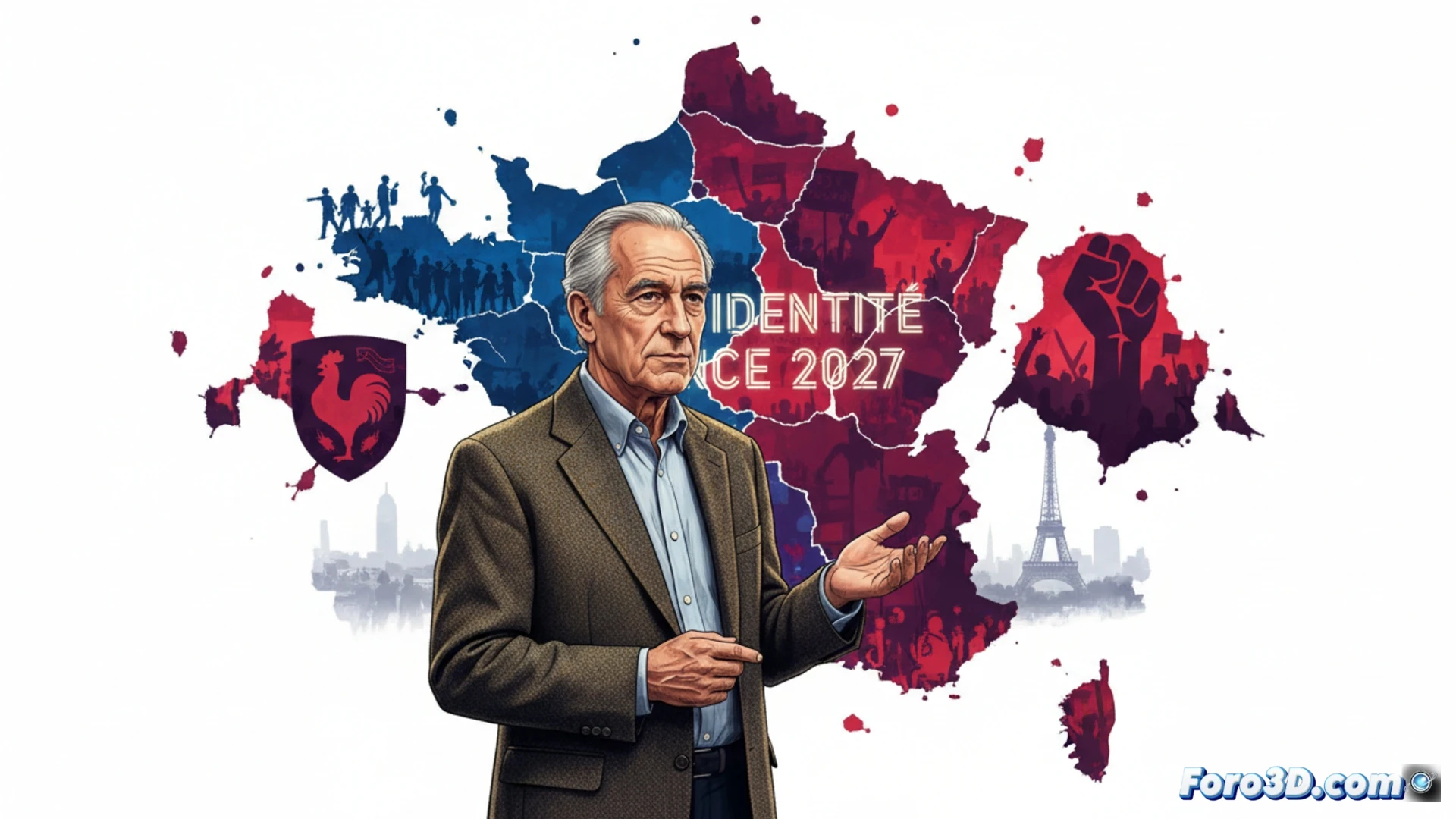 Una multitud dividida ondea banderas francesas y carteles con lemas opuestos, bajo un cielo tormentoso que simboliza el conflicto identitario.