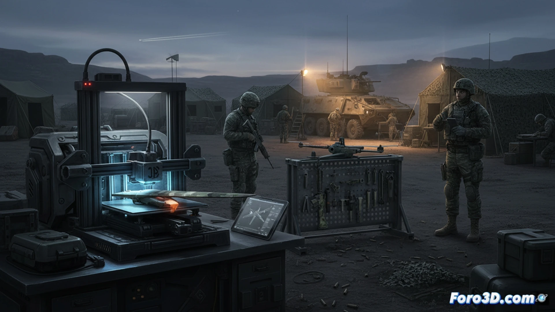 Soldados operan una impresora 3D en un puesto avanzado, fabricando una pieza de repuesto para un dron o arma.