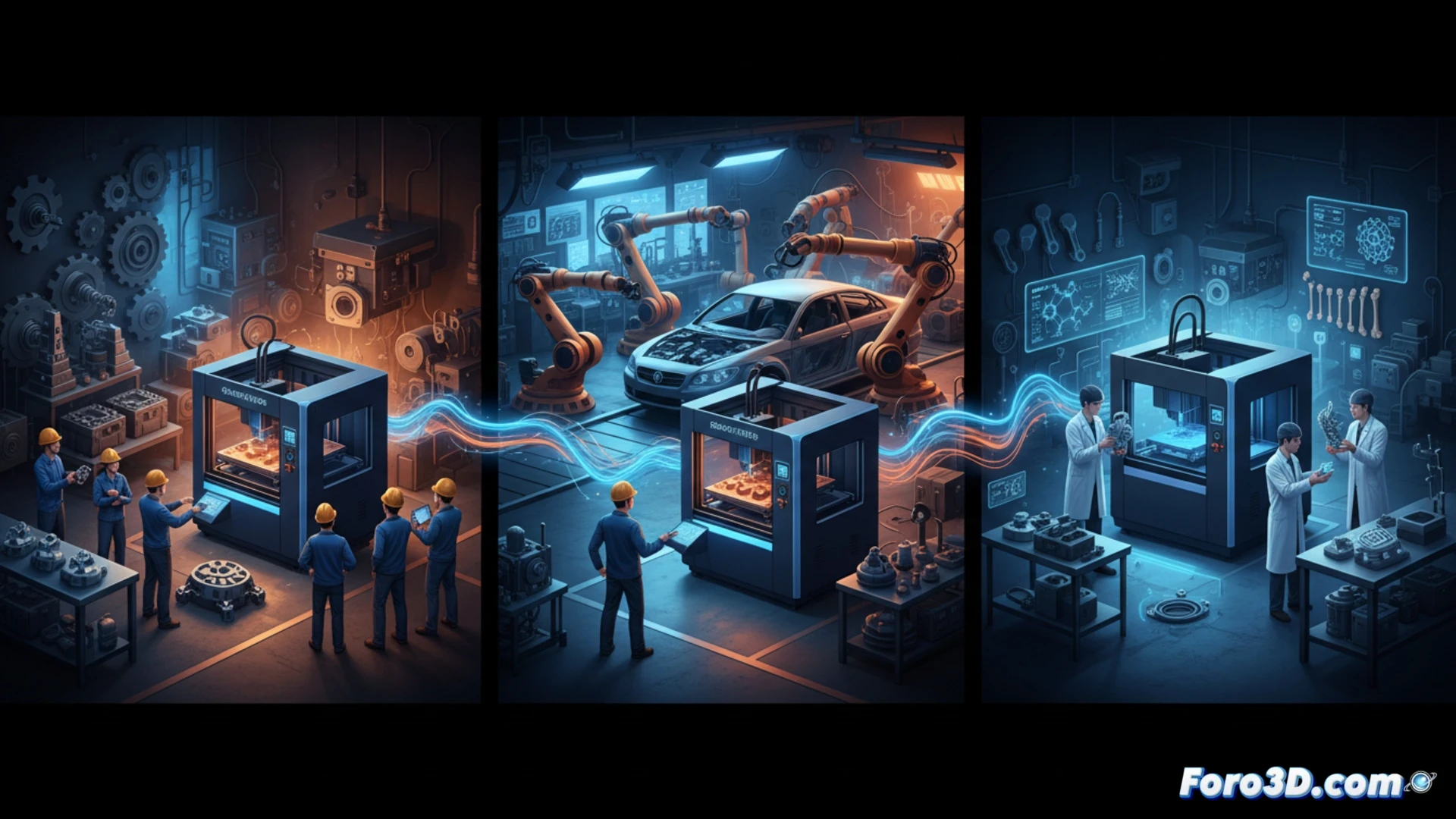 Una imagen que muestra una pieza metálica compleja saliendo de una impresora 3D industrial SLS, rodeada de engranajes y herramientas de taller clásico, con un fondo que combina líneas de producción automatizadas y un banco de trabajo tradicional.