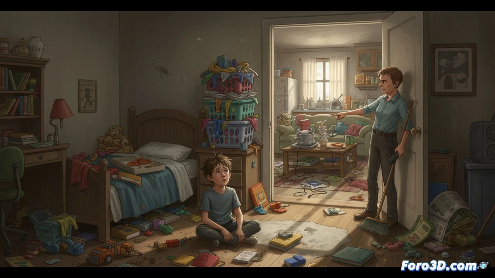 Una casa desordenada con un adulto señalando una habitación infantil impecable y exigente.