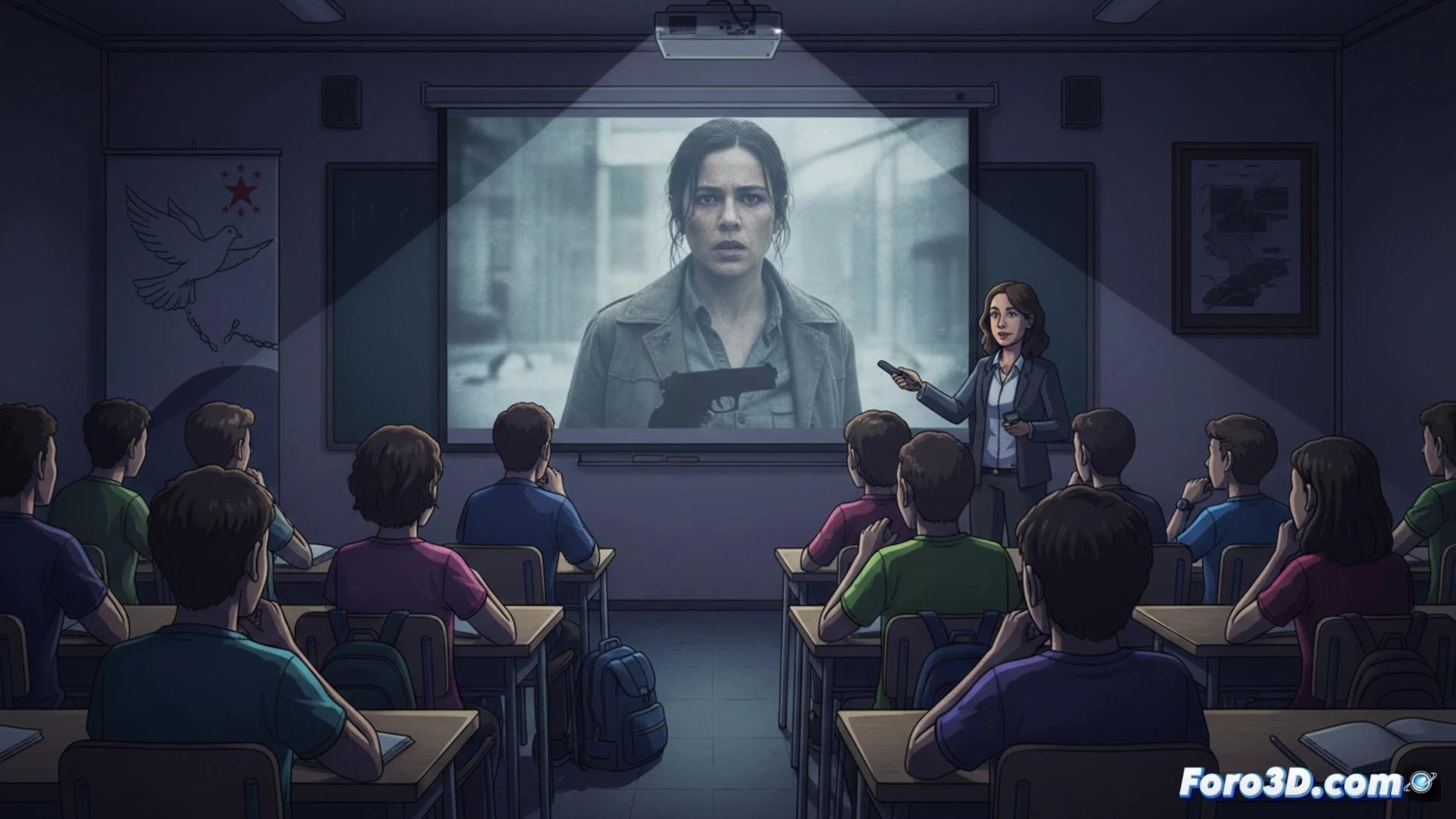 Estudiantes en aula madrileña viendo escena de 'La infiltrada' contra ETA, con pantalla y cartel educativo.