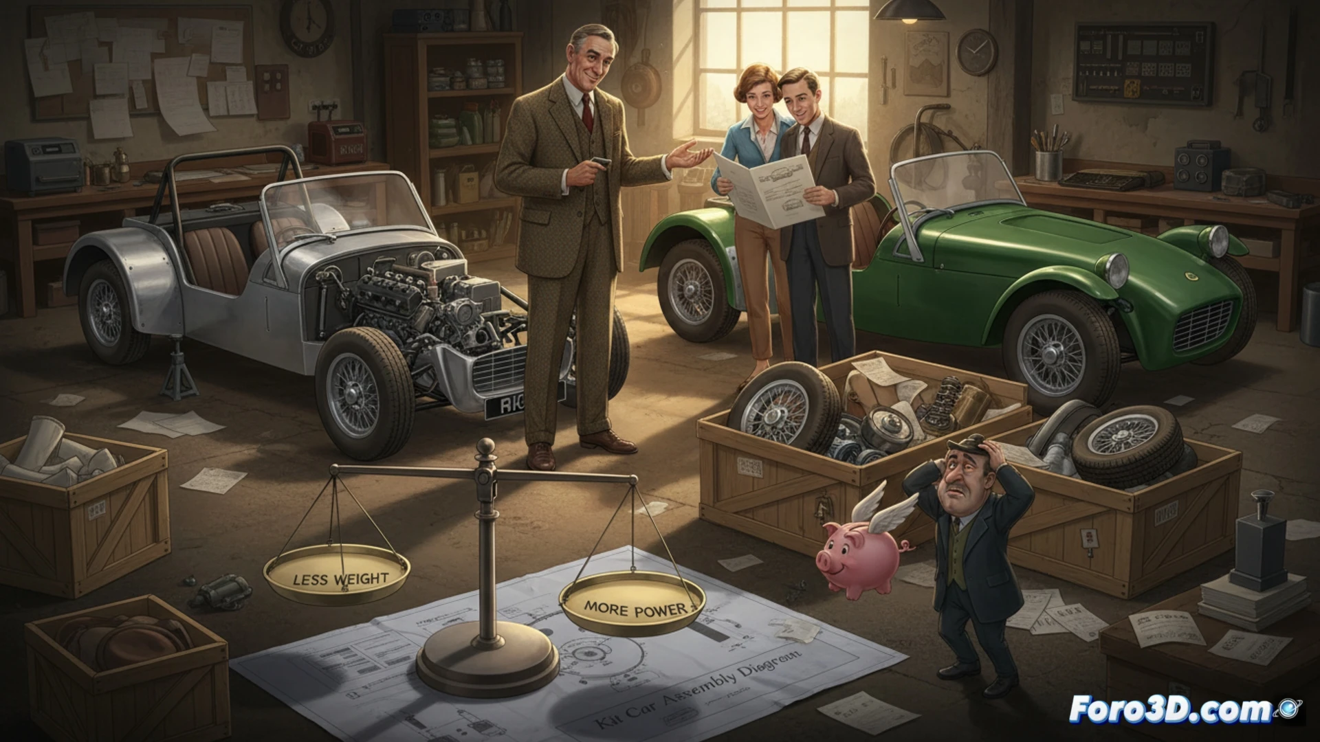 Un Lotus Seven desmontado, listo para ensamblar como kit y evitar impuestos, sobre planos de ingeniería.