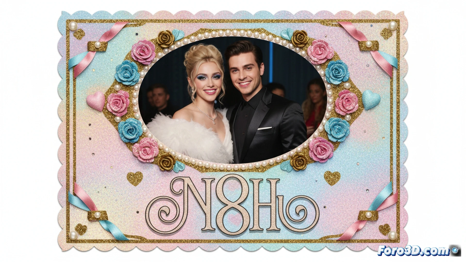 Descripción detallada de la imagen: Invitación nupcial en tonos beige y dorado, con tipografía Copperplate Gothic y cursiva elegante. Al centro, fotografía de Nate y Cassie abrazados, sonriendo. Borde floral recargado y texto cursi generan debate entre fanáticos de Euphoria.