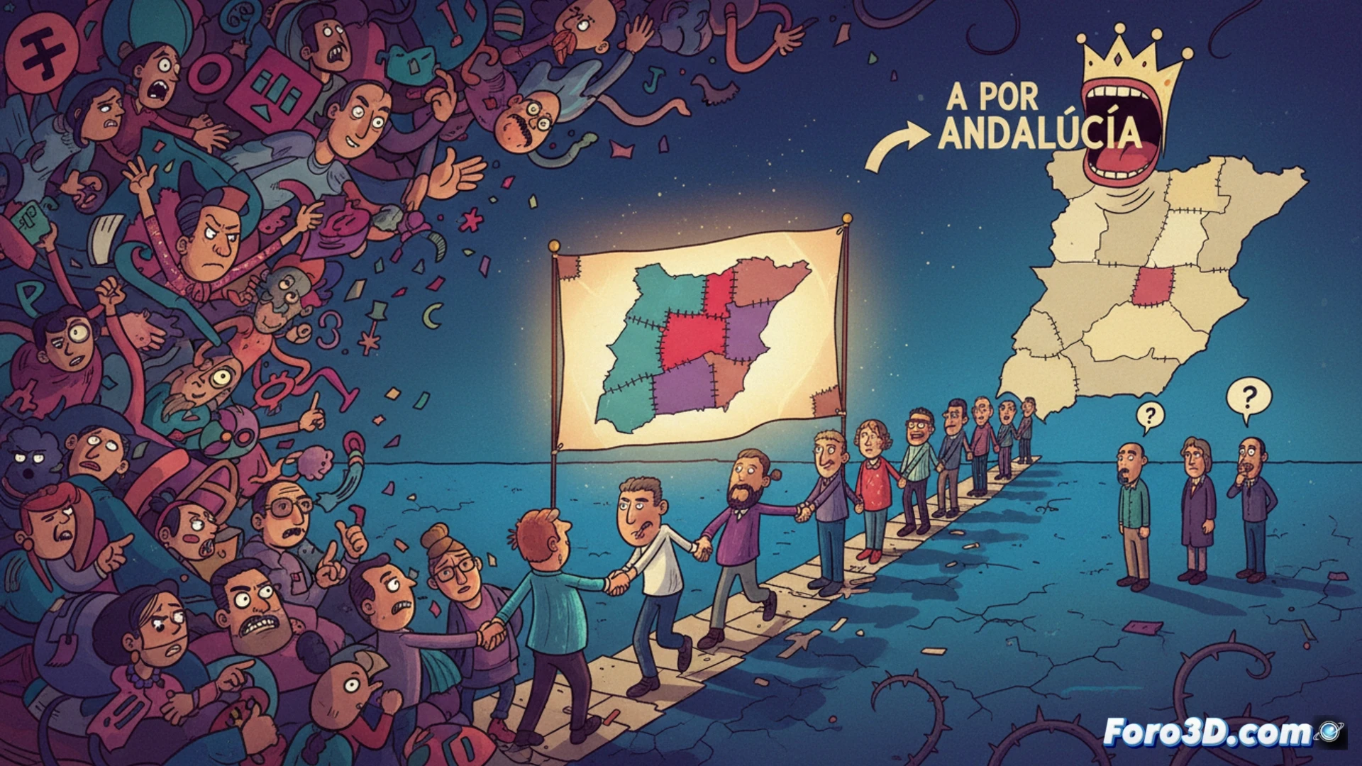 Un mapa de Andalucía con las siglas 'Por Andalucía' en primer plano, sobre un fondo de piezas de puzle que encajan a contrarreloj, con algunas piezas sueltas y alejadas.