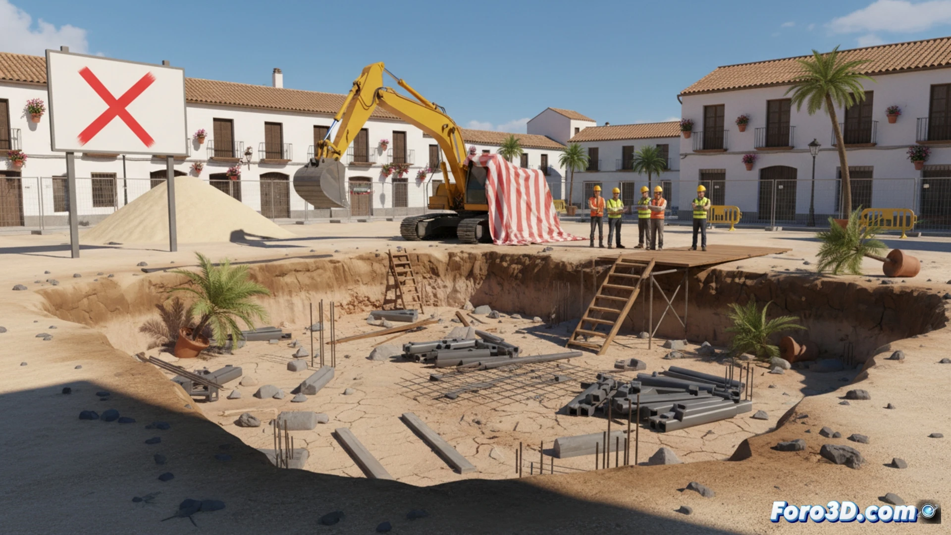 Descripción para imagen: plano general de una excavadora detenida junto a un montón de arena sobre suelo seco y agrietado, al fondo un cartel de obra con el texto ‘Proyecto paralizado’. Cielo nublado y vallas metálicas rodean el terreno.