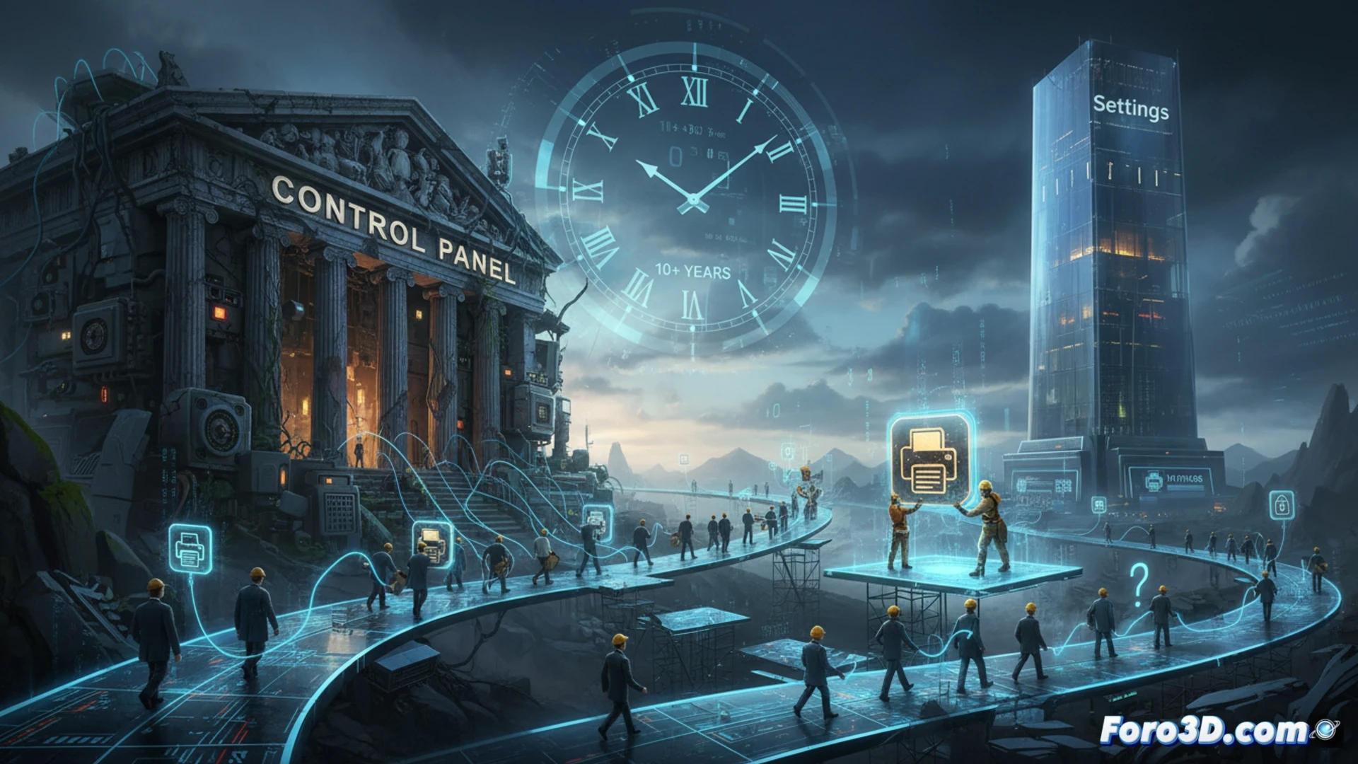 Una computadora muestra las ventanas del Panel de Control y Configuración de Windows, una moderna y otra clásica, superpuestas.