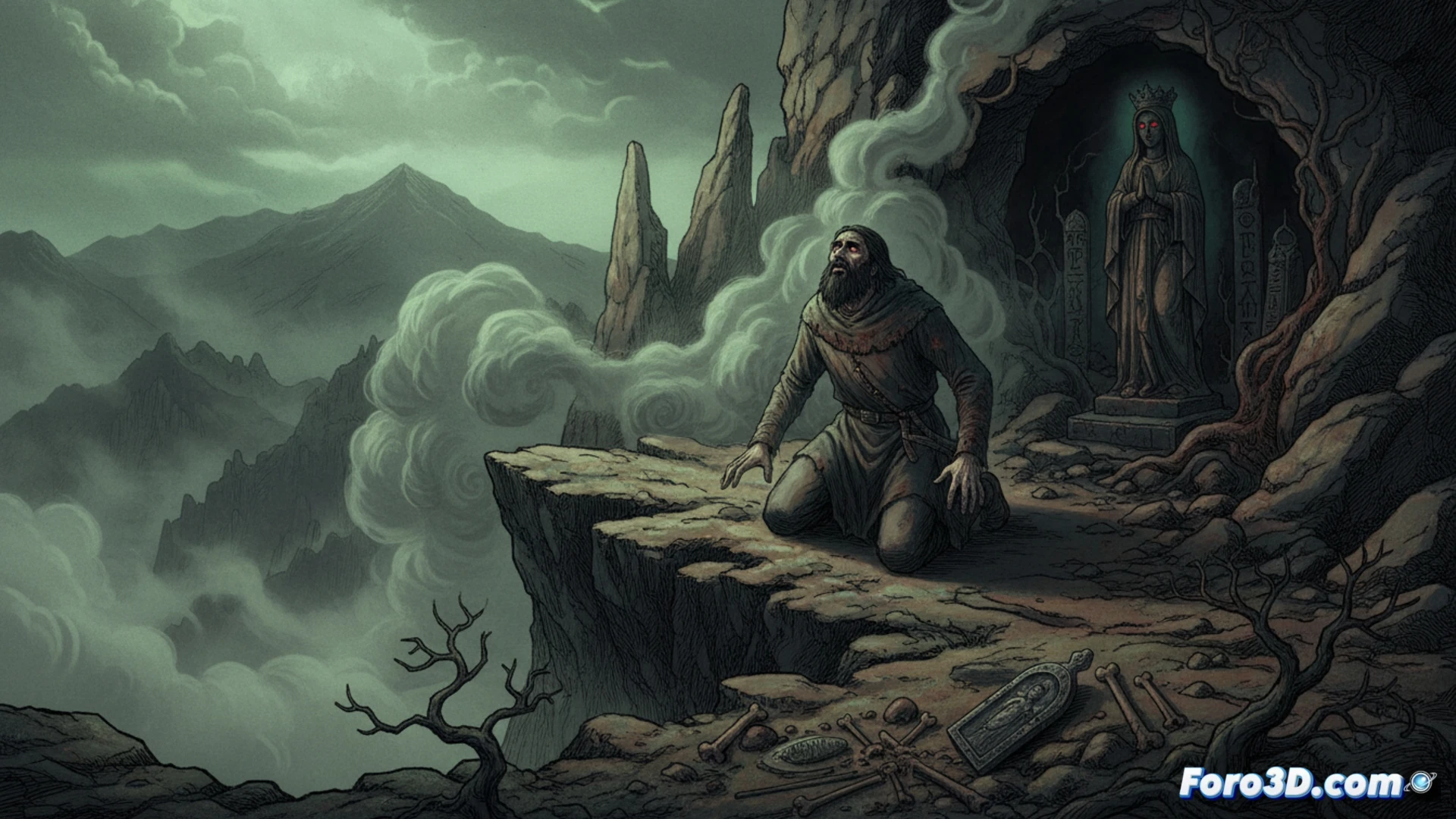 Un peregrino descubre una virgen negra en lo alto de una montaña rocosa, fundando un santuario.