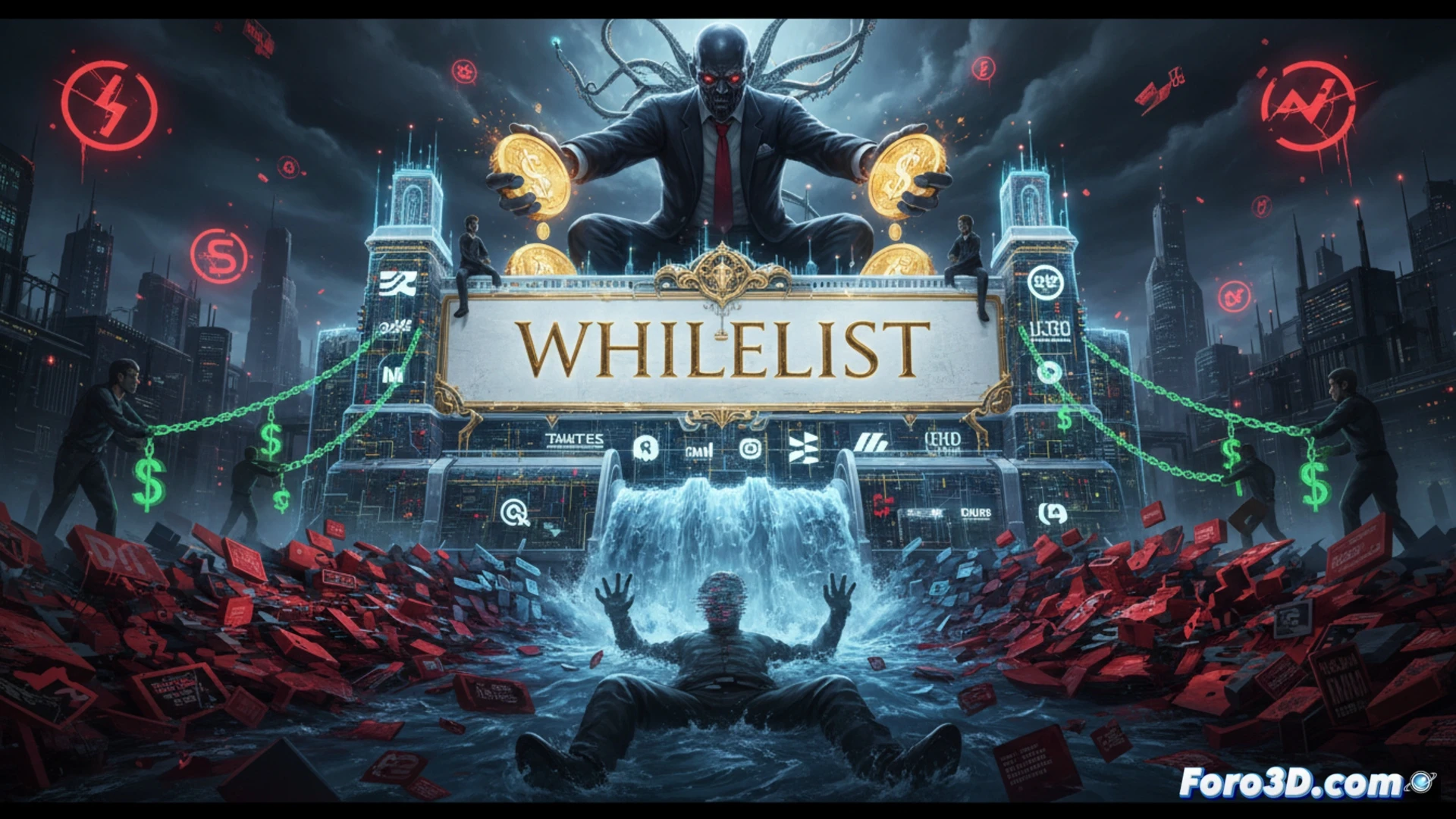 Un candado digital etiquetado como 'lista blanca' cuelga de una red, mientras anuncios con billetes pasan libremente y otros quedan atrapados afuera.