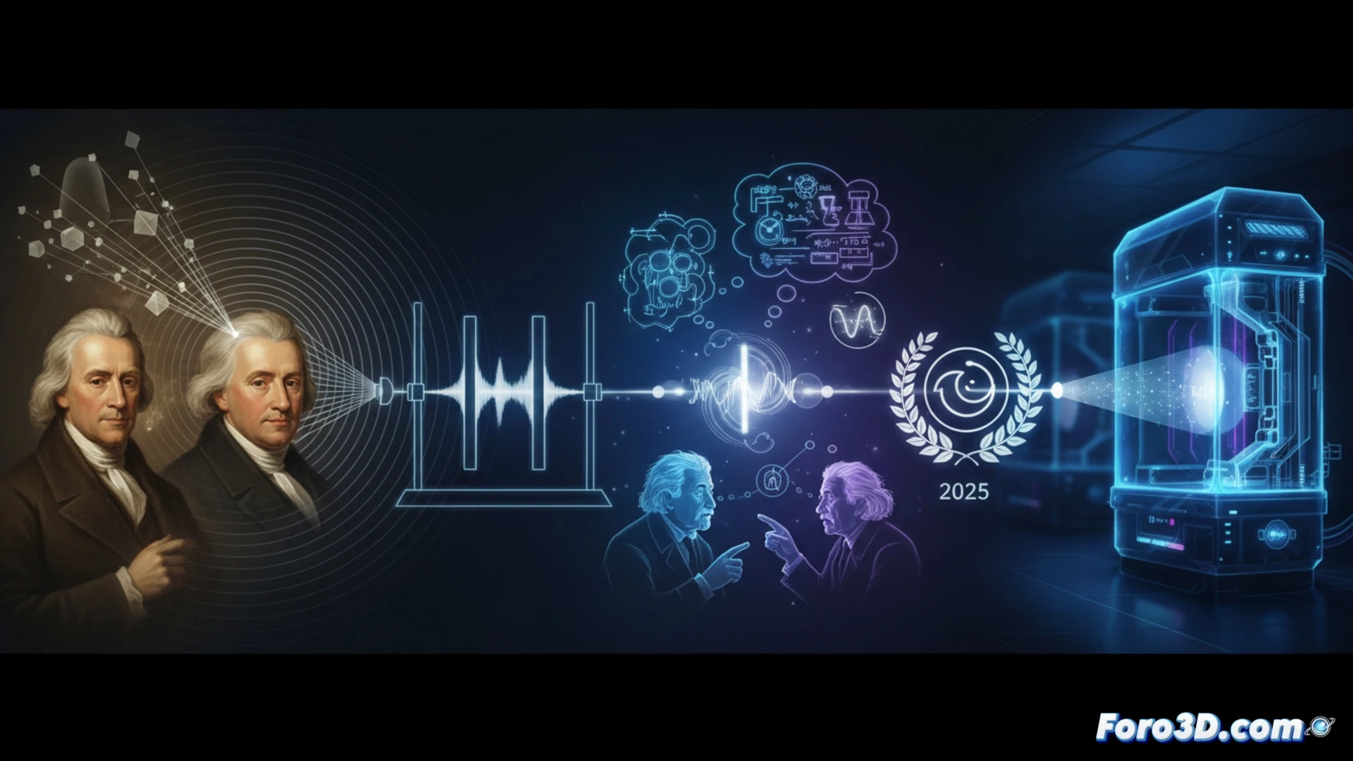 Un haz de luz se divide en partículas y ondas, fusionándose en un símbolo cuántico sobre fondo de ecuaciones históricas.