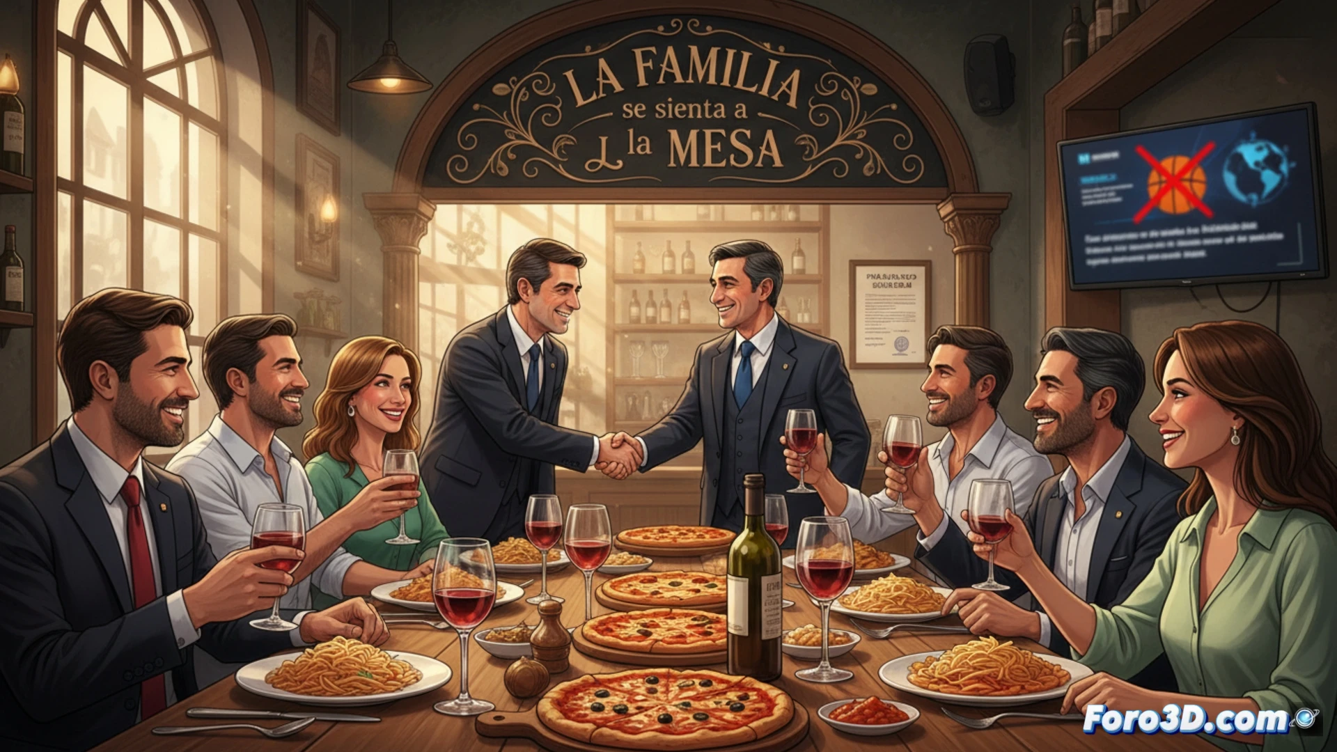 Un restaurante con letrero que cambia de 'La Mafia' a 'La Familia', con banderas de Italia y España al fondo, simbolizando la presión diplomática.
