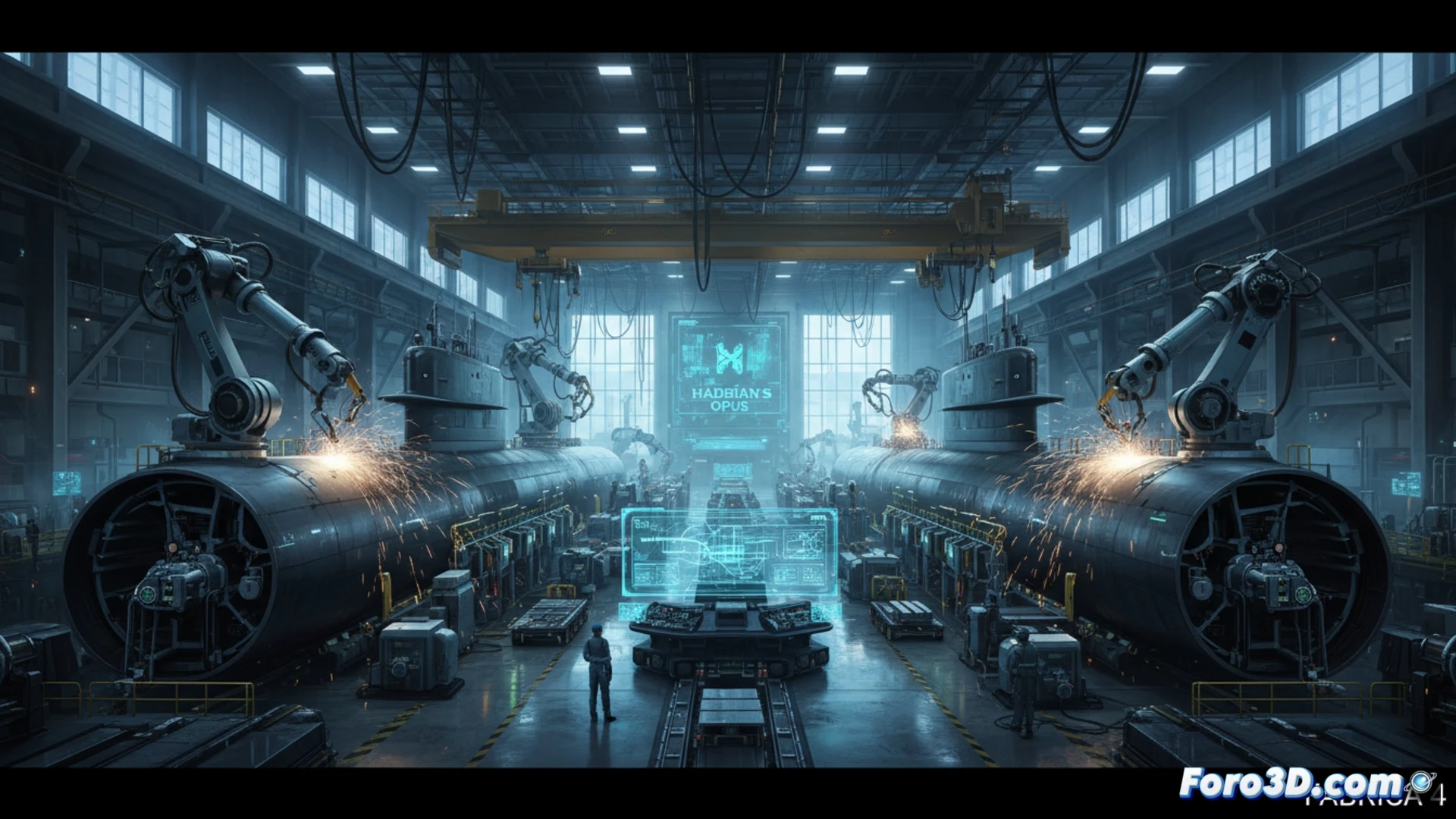 Una nave industrial automatizada con brazos robóticos ensamblando piezas de submarinos, supervisada por paneles de control con IA.